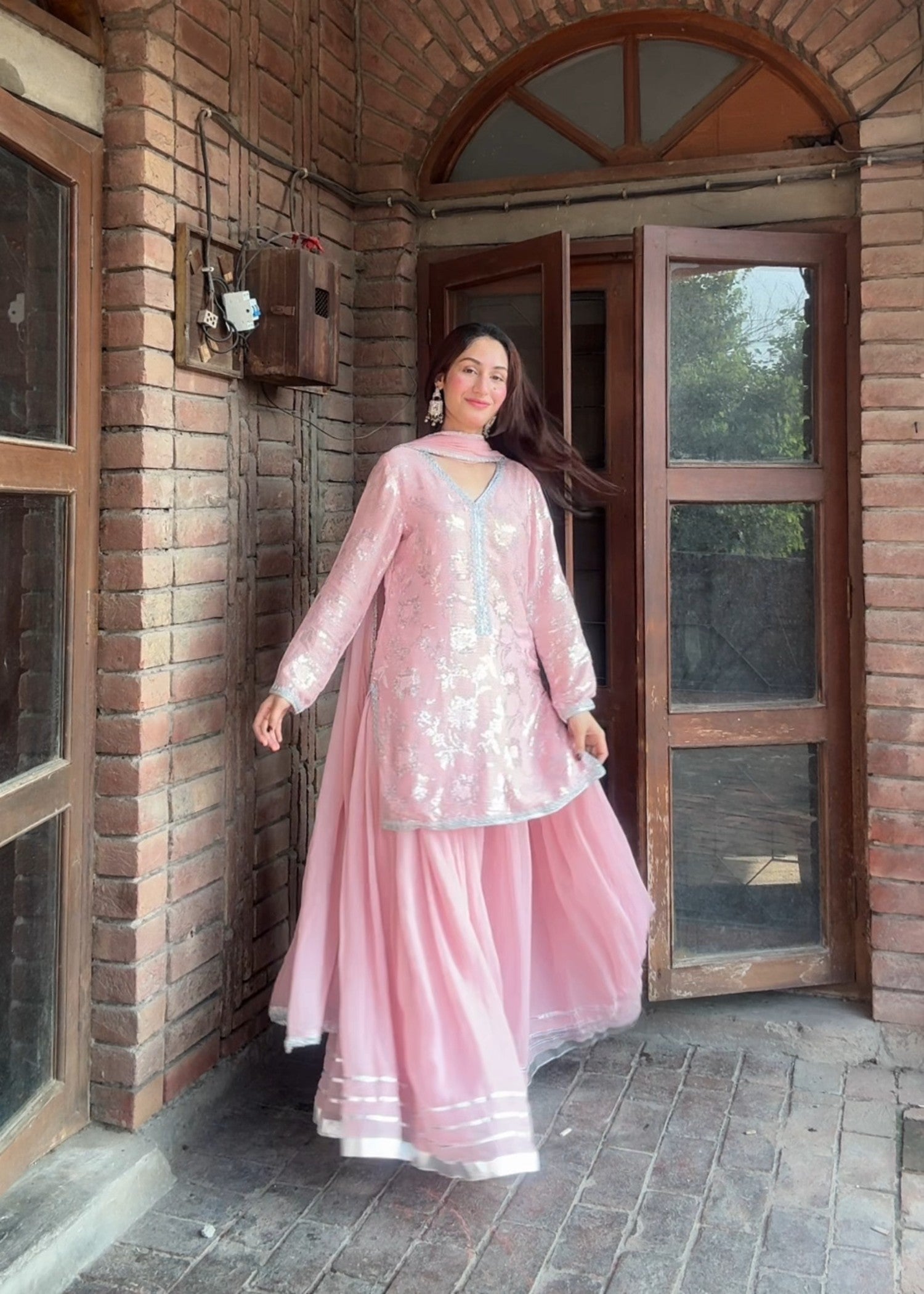 bemberg crinkle chiffon Sharara in Pastel pink