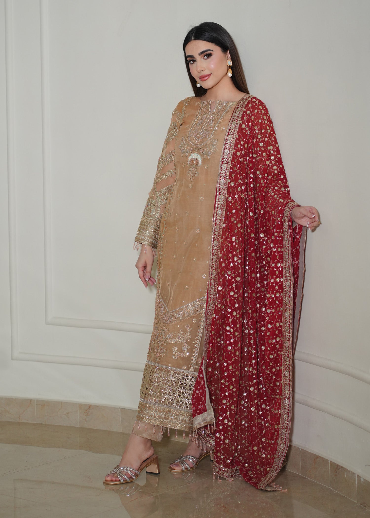 organza Kurta Set in Sand brown, maroon