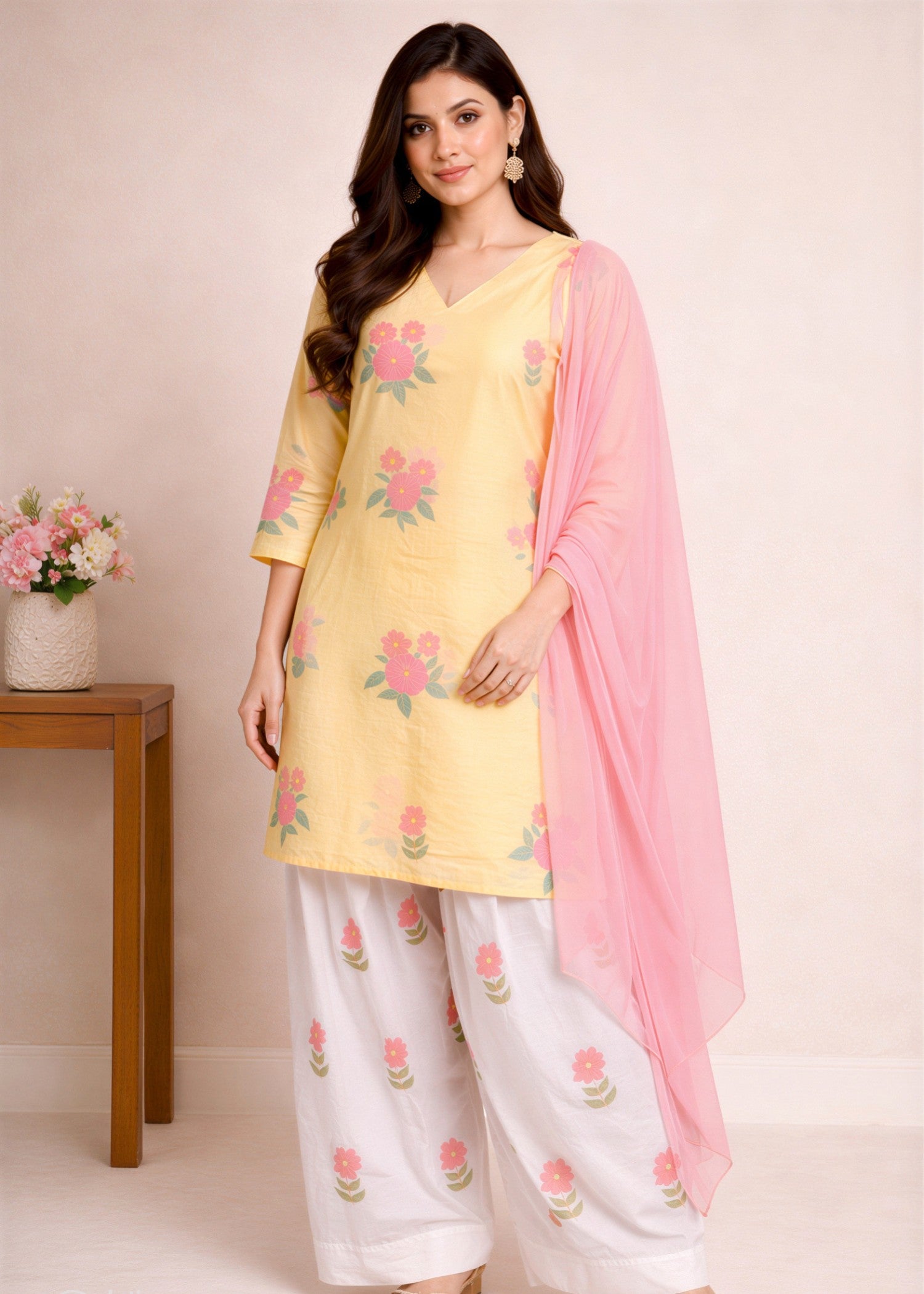 cotton Kurta Set in White, lemon