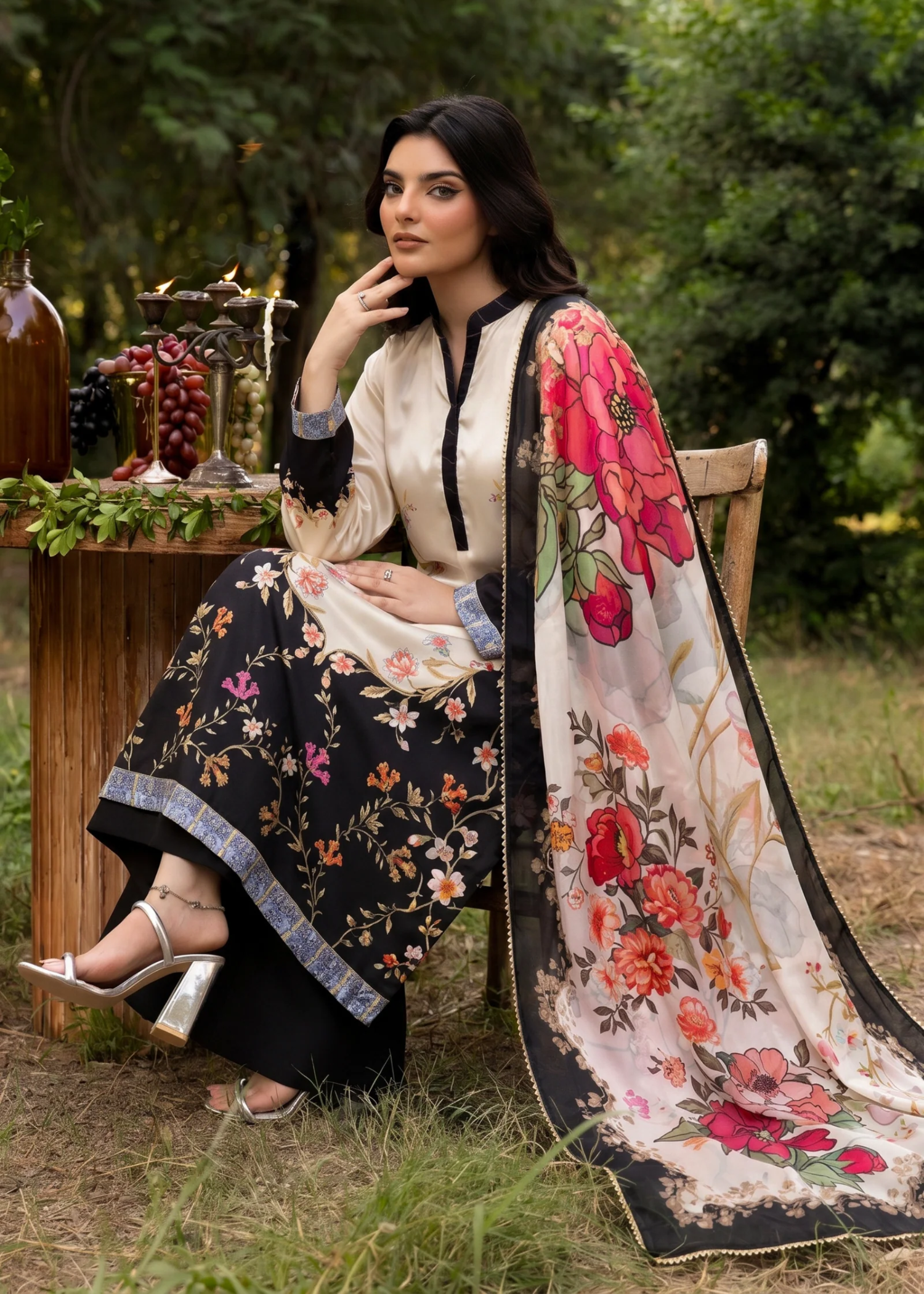 silk charmeuse Kurta Set in Porcelain