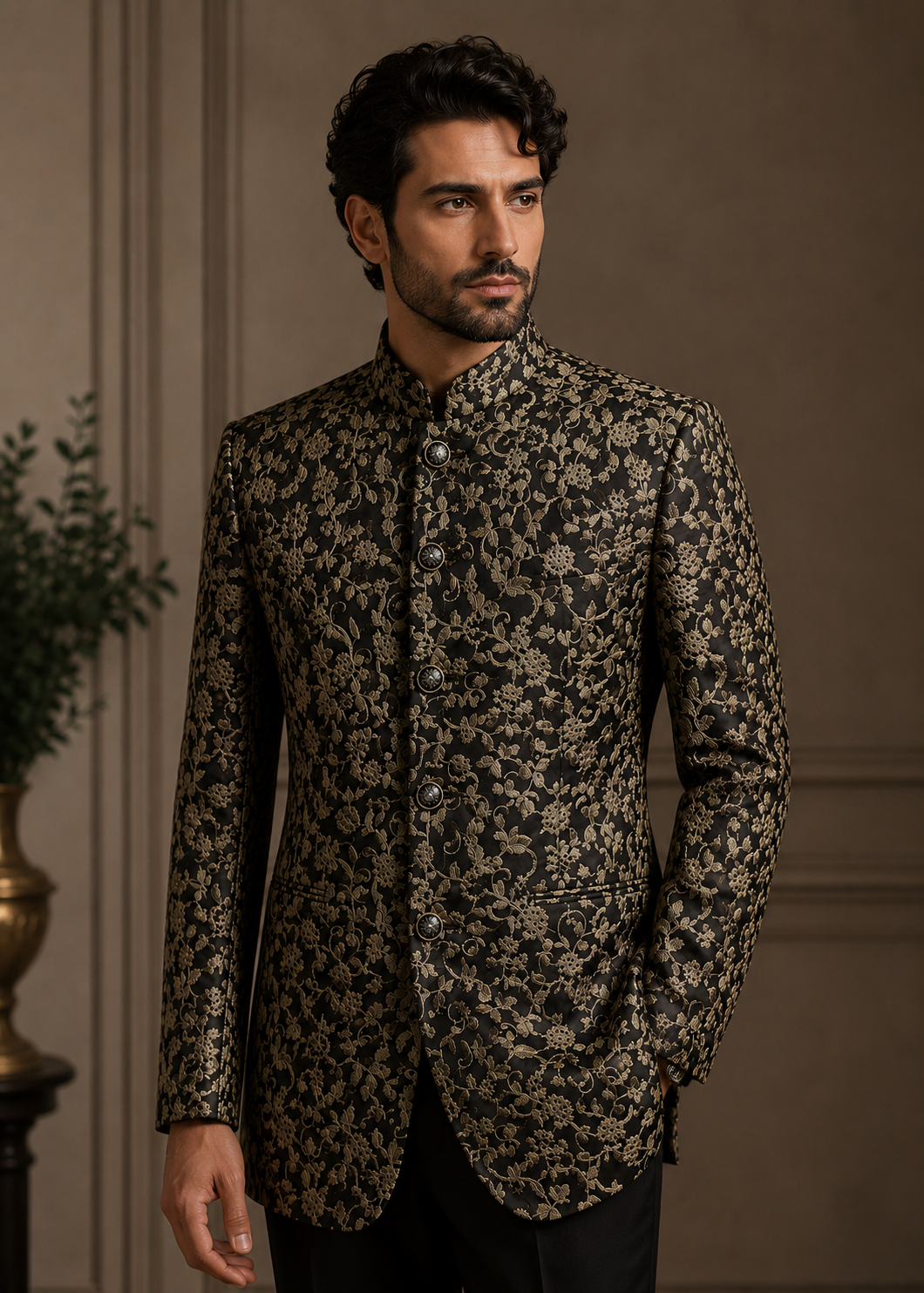 raw silk Prince Coat in Gold, dark brown