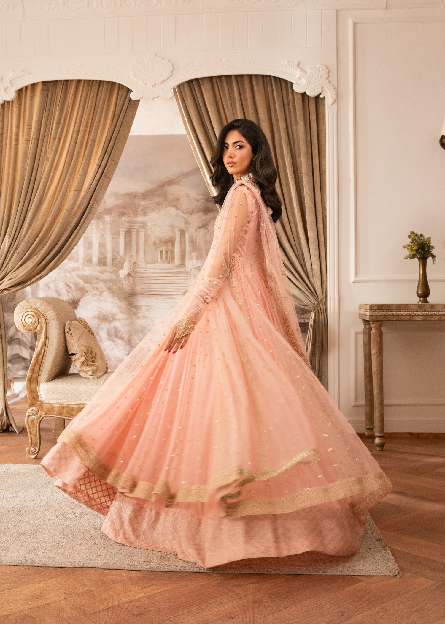 net Pishwas in Peach pink