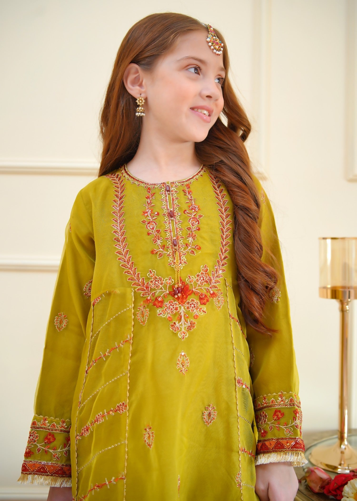 organza Pishwas in Olive green