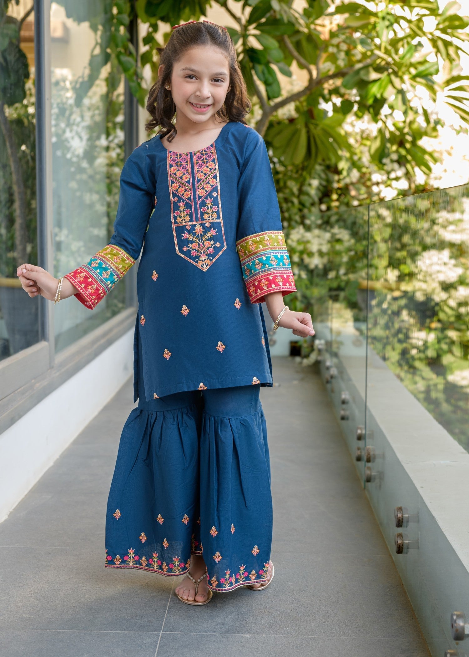 lawn Gharara in Dark blue