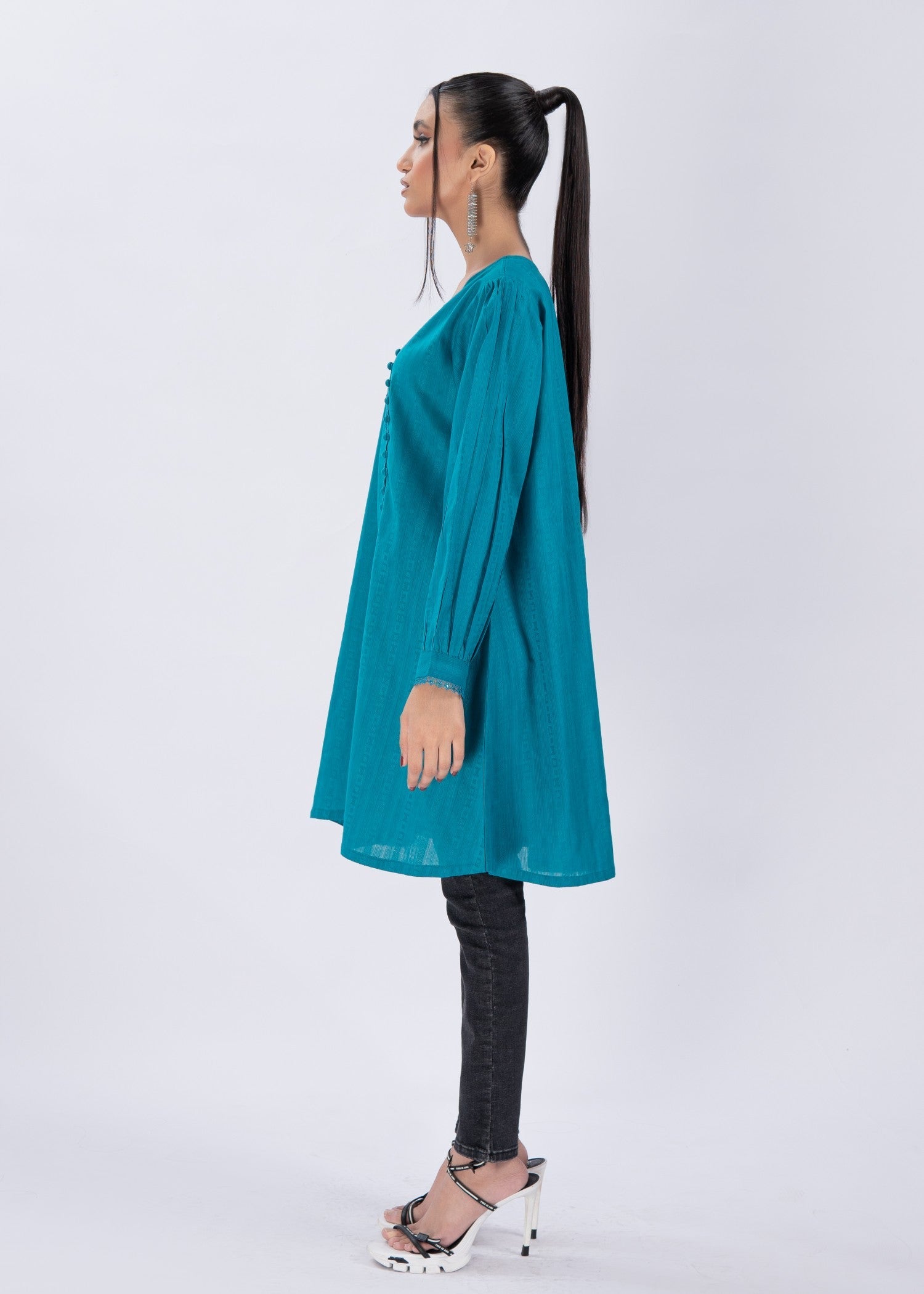 textured lawn Tunic in Bondi blue