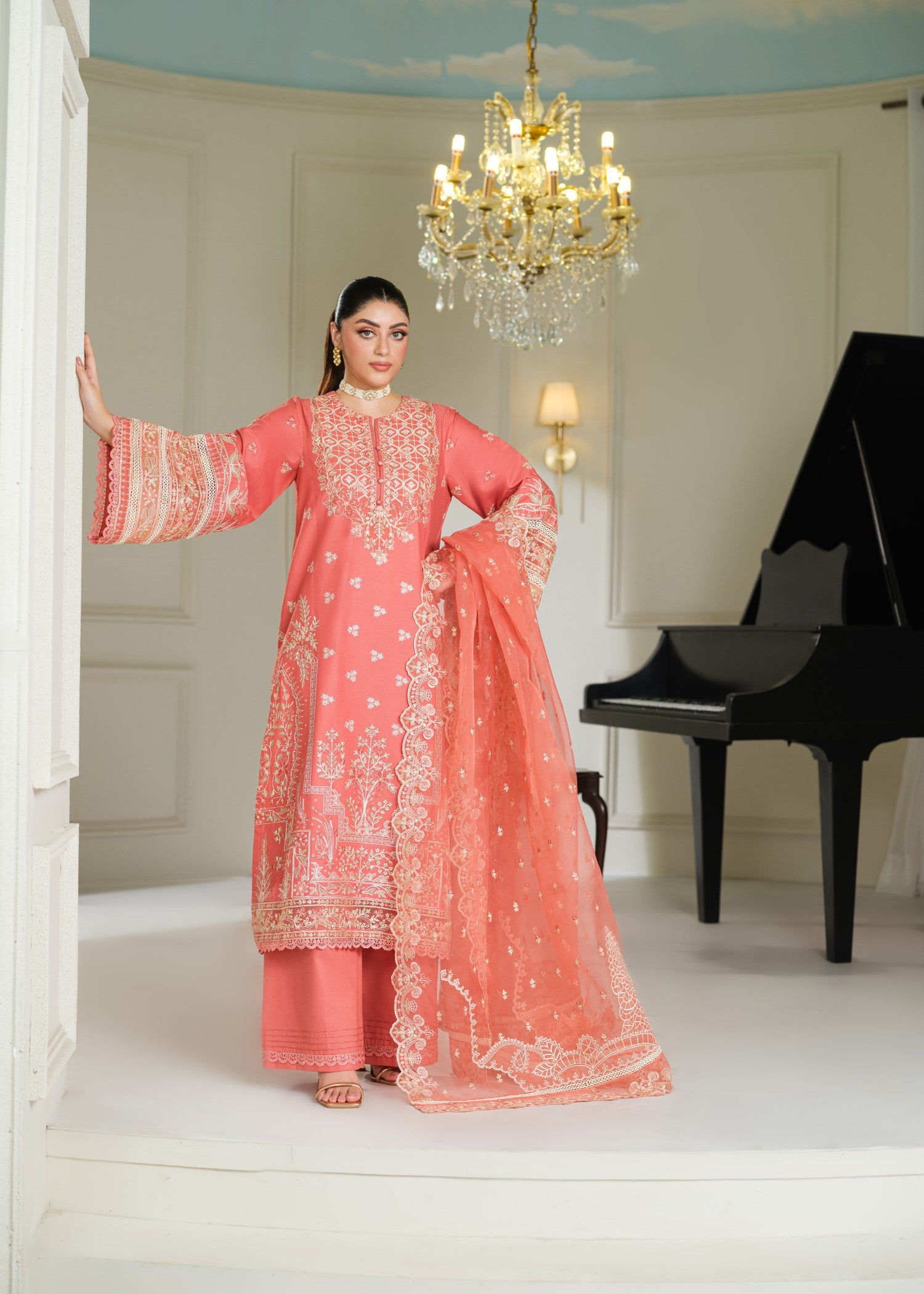 cambric cotton Kurta Set in Orange