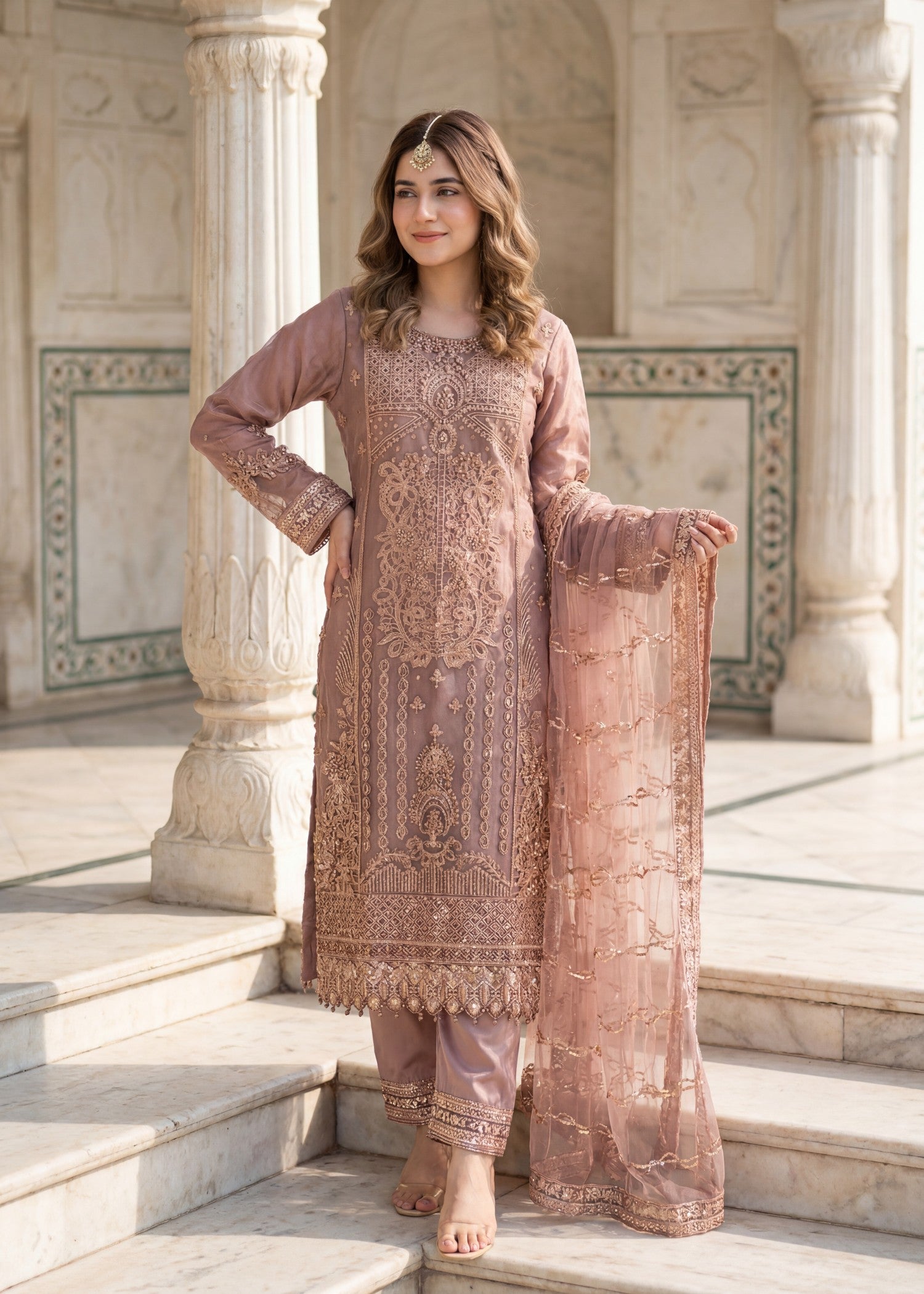 net Kurta Set in Almond brown