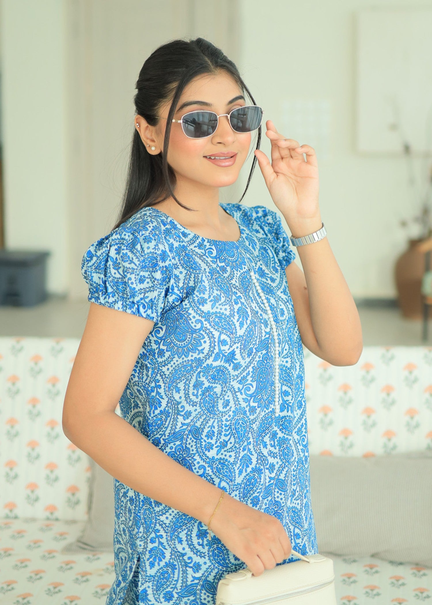 lawn Co Ord Sets in Sapphire blue, off-white