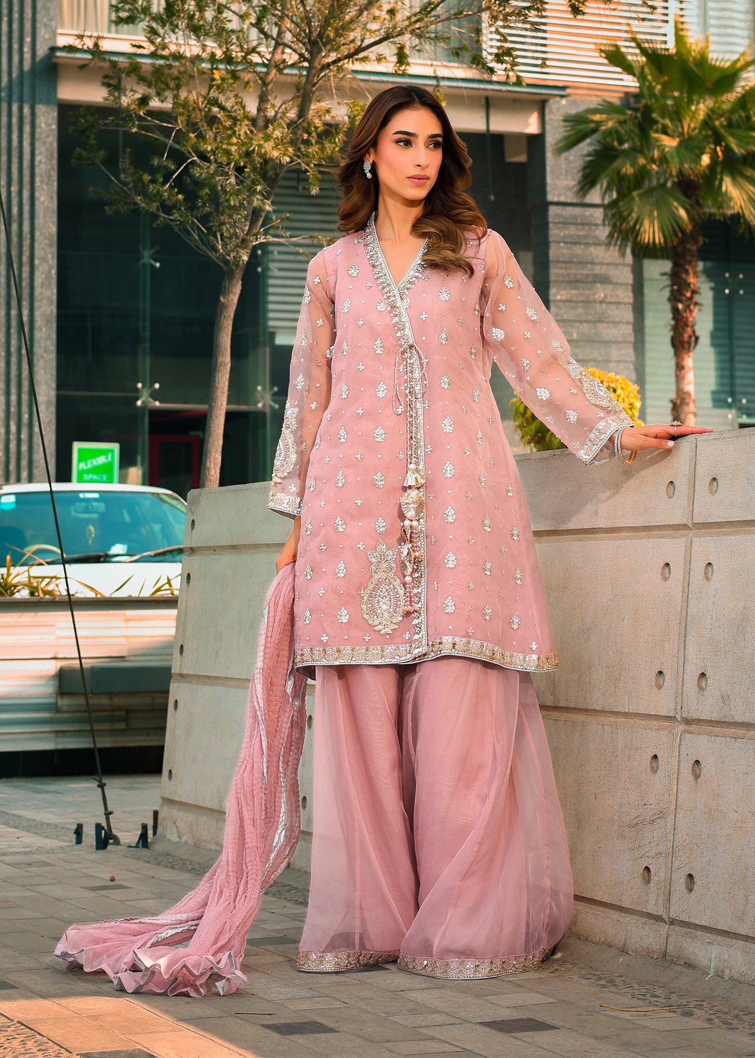 viscose Angrakha in Tea rose pink