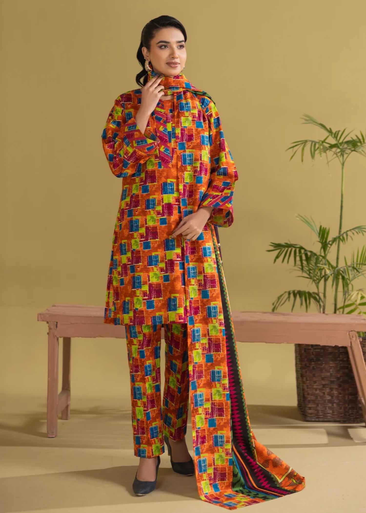 khaddar Unstitched in Multi, orange