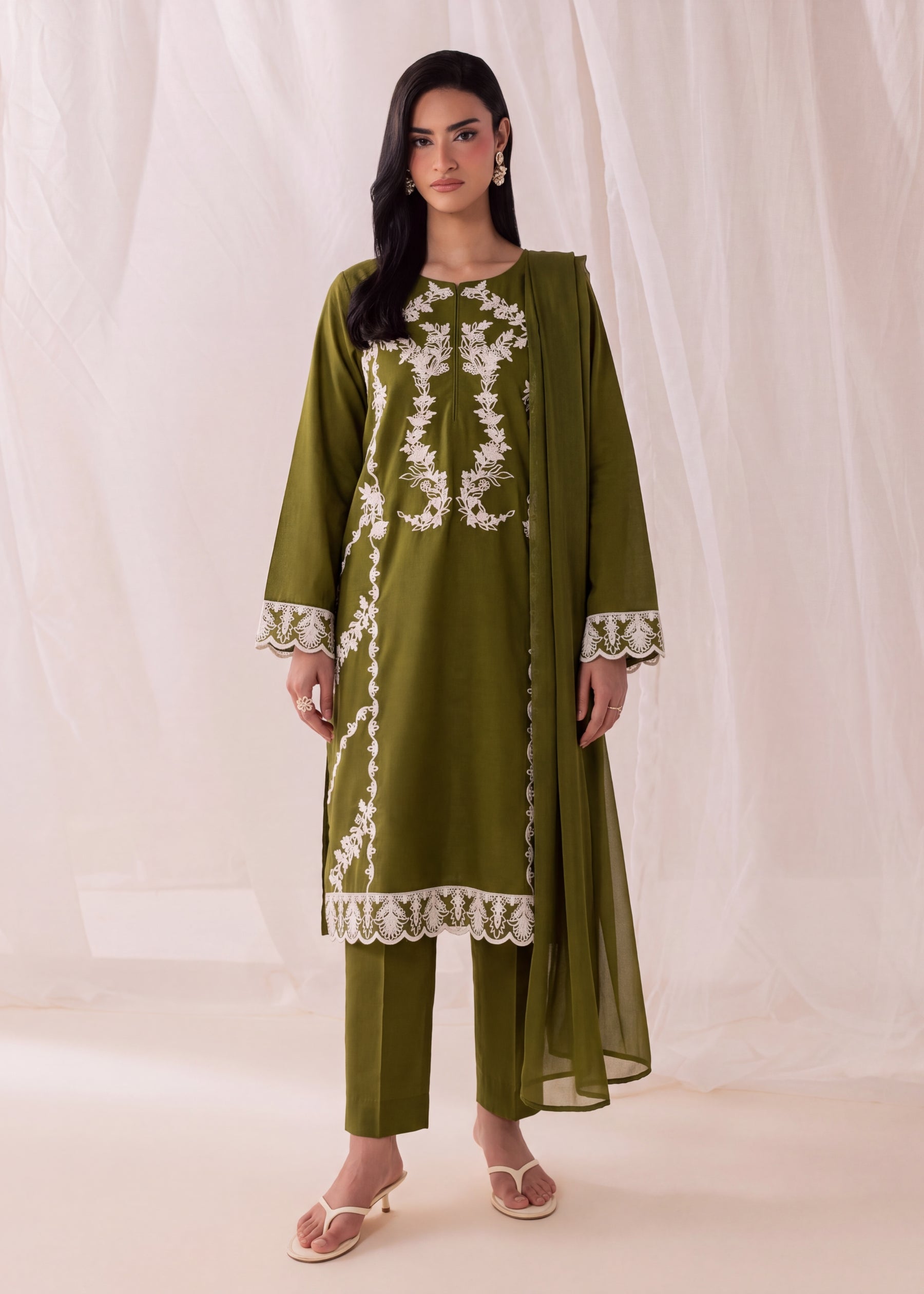 linen Kurta Set in Olive green
