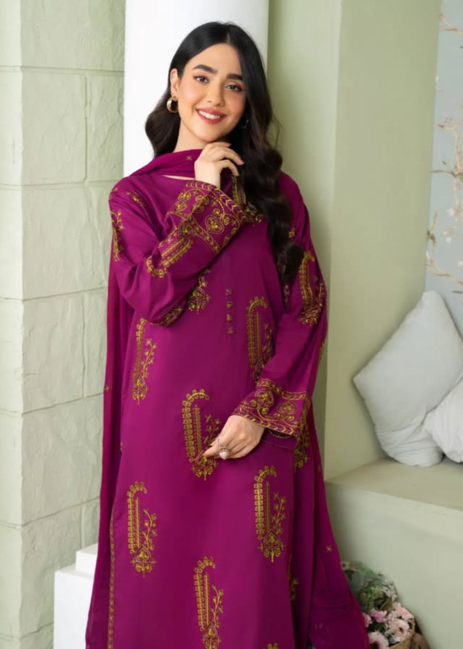 cambric Kurta Set in Fuchsia pink