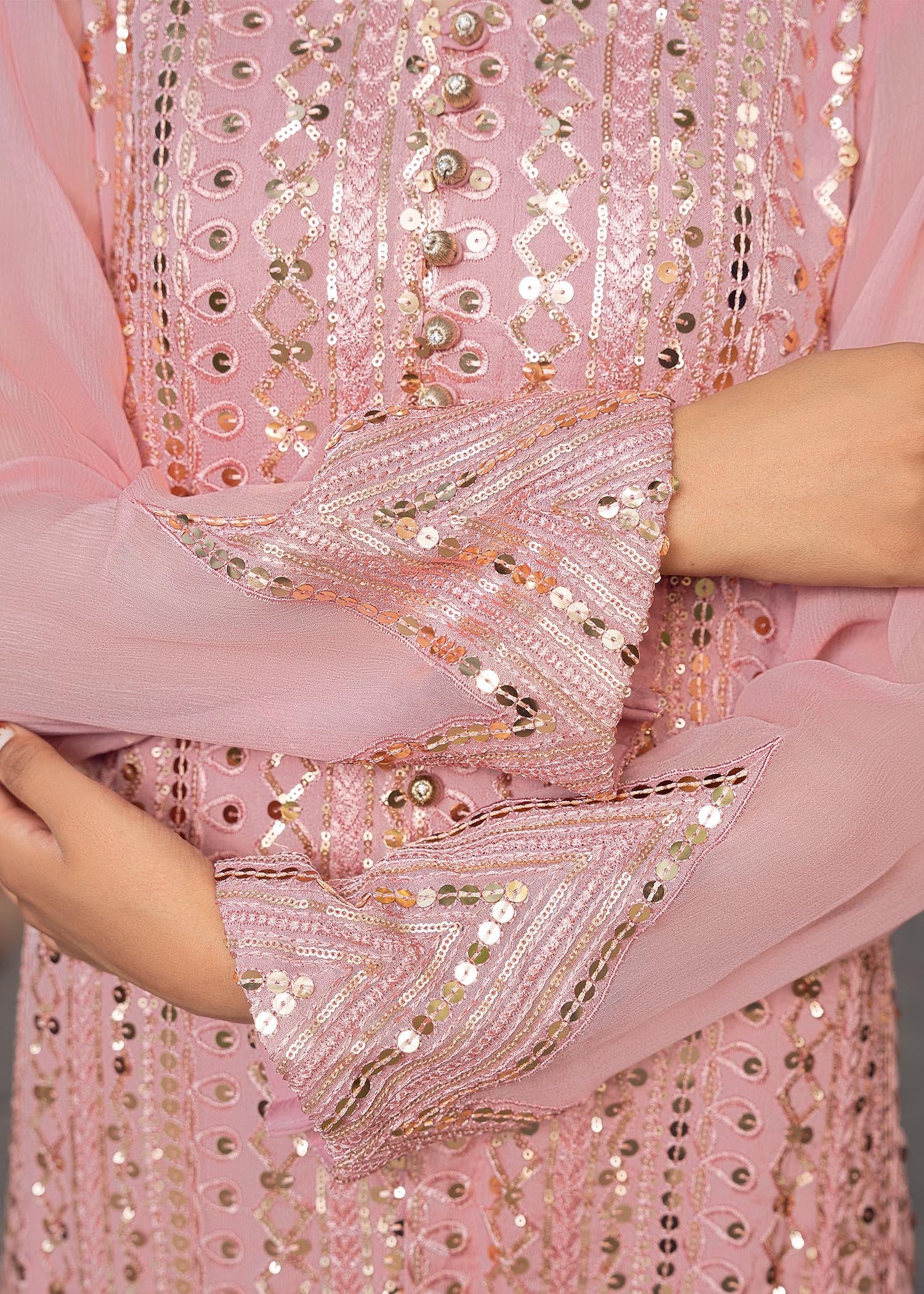 chikankari cotton Gown in Tea rose pink