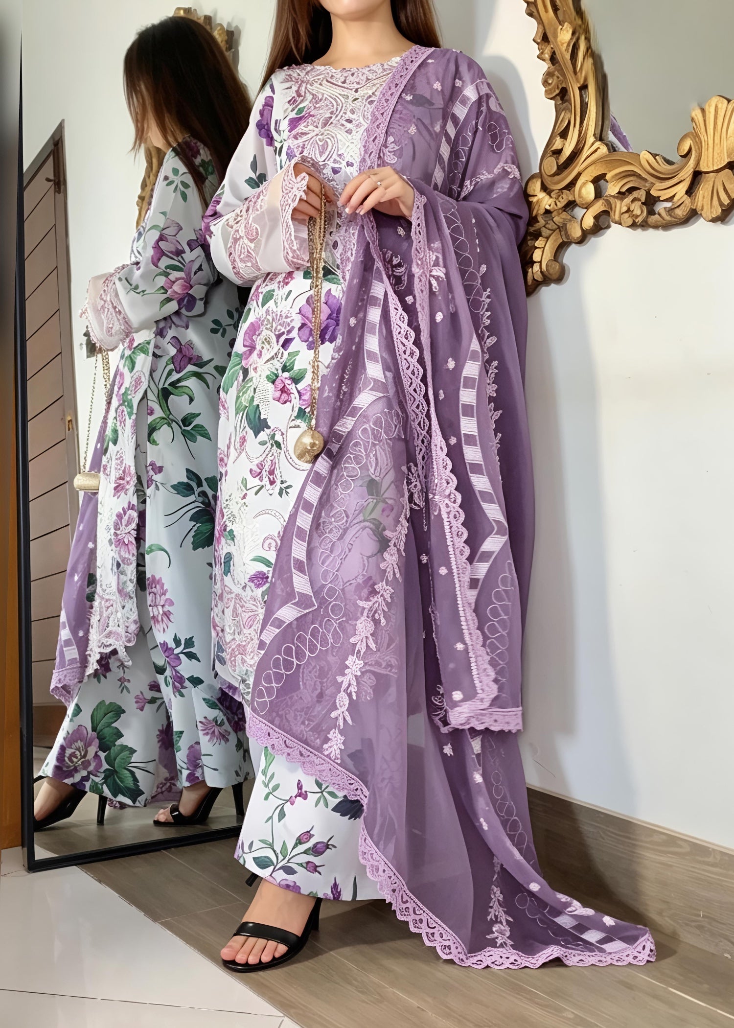 lawn Kurta Set in Purple, white