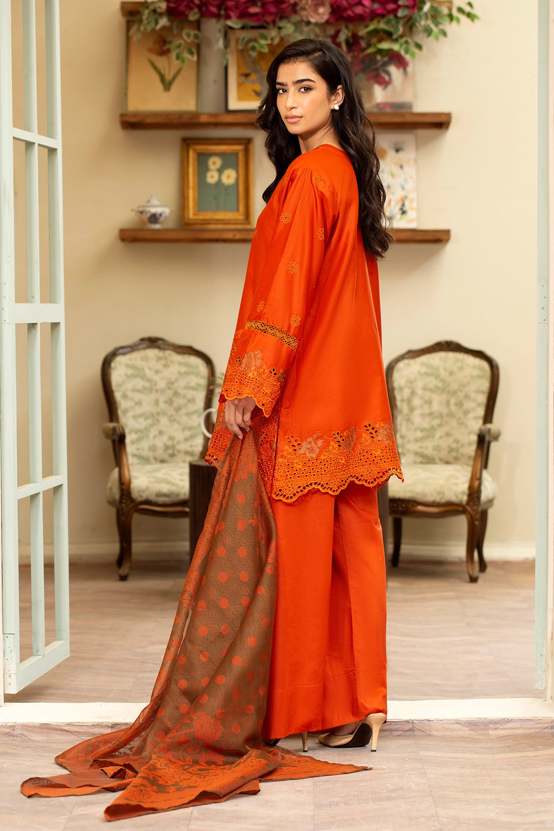 zari lawn Unstitched in Bronze orange