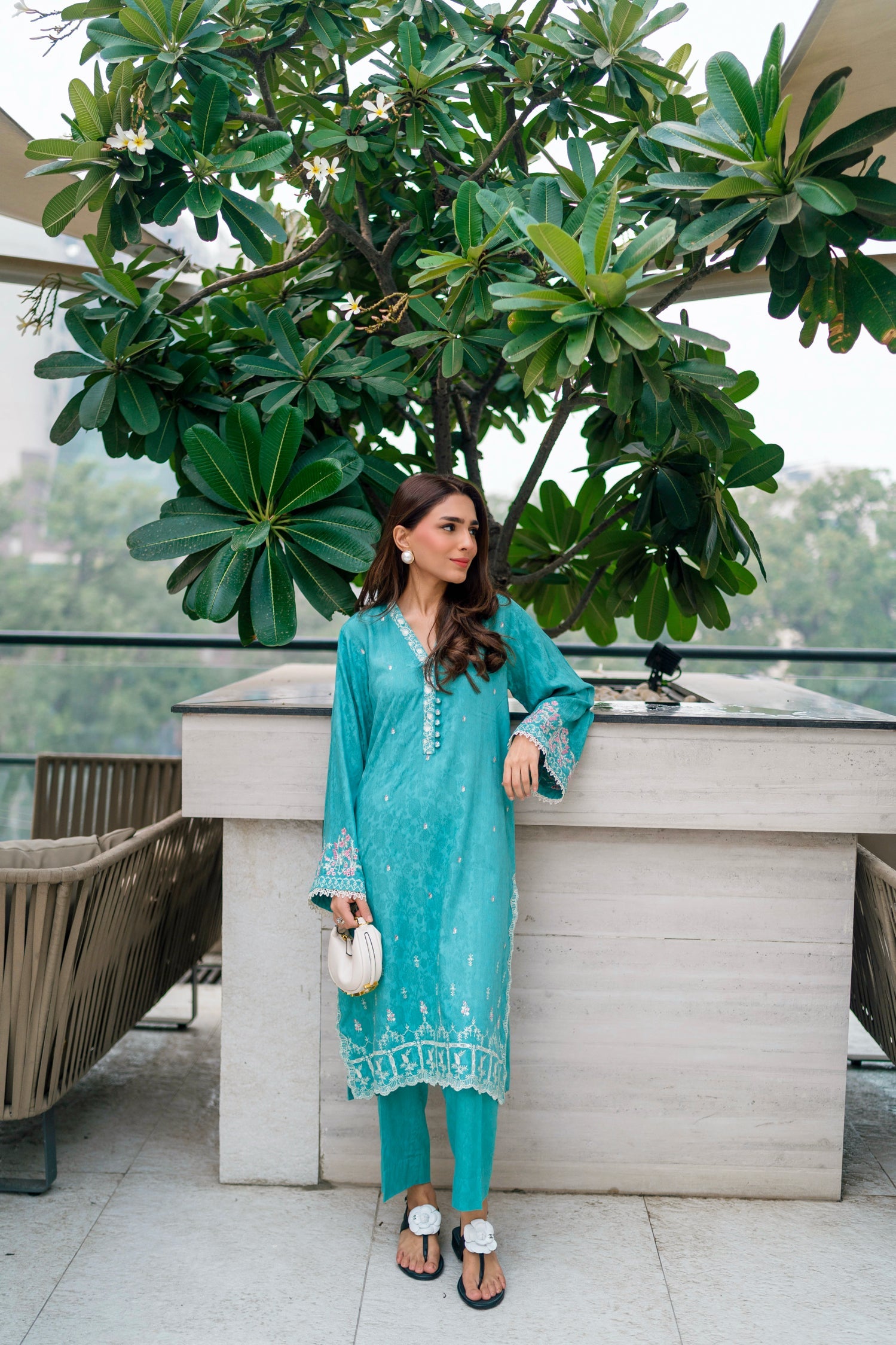 jacquard Kurta Set in Sea green