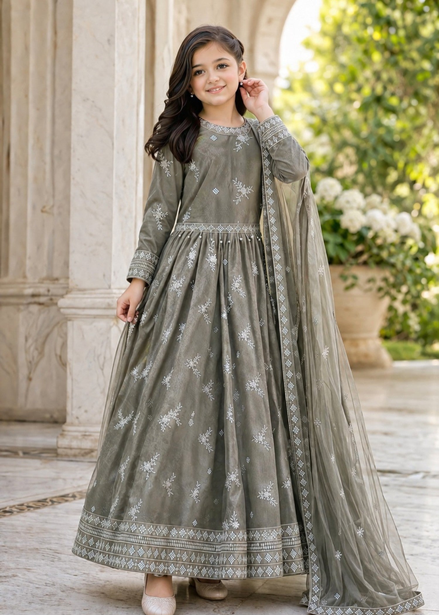 net Lehenga in Grey