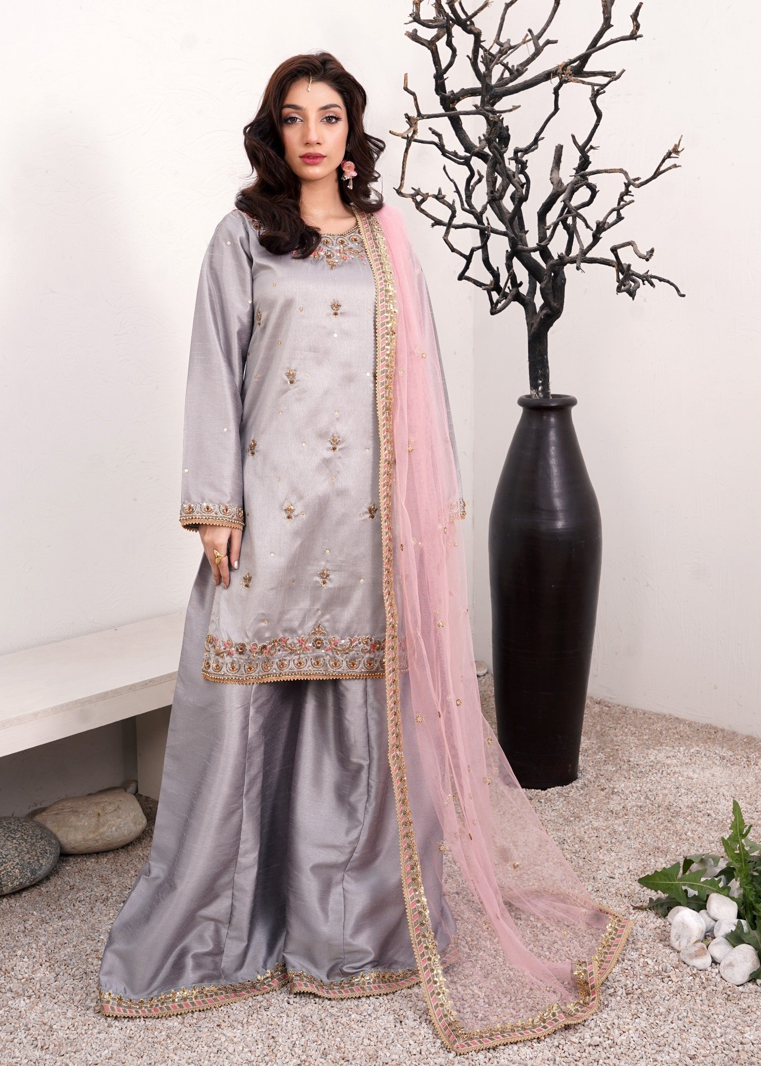 tussar silk Sharara in Pastel grey