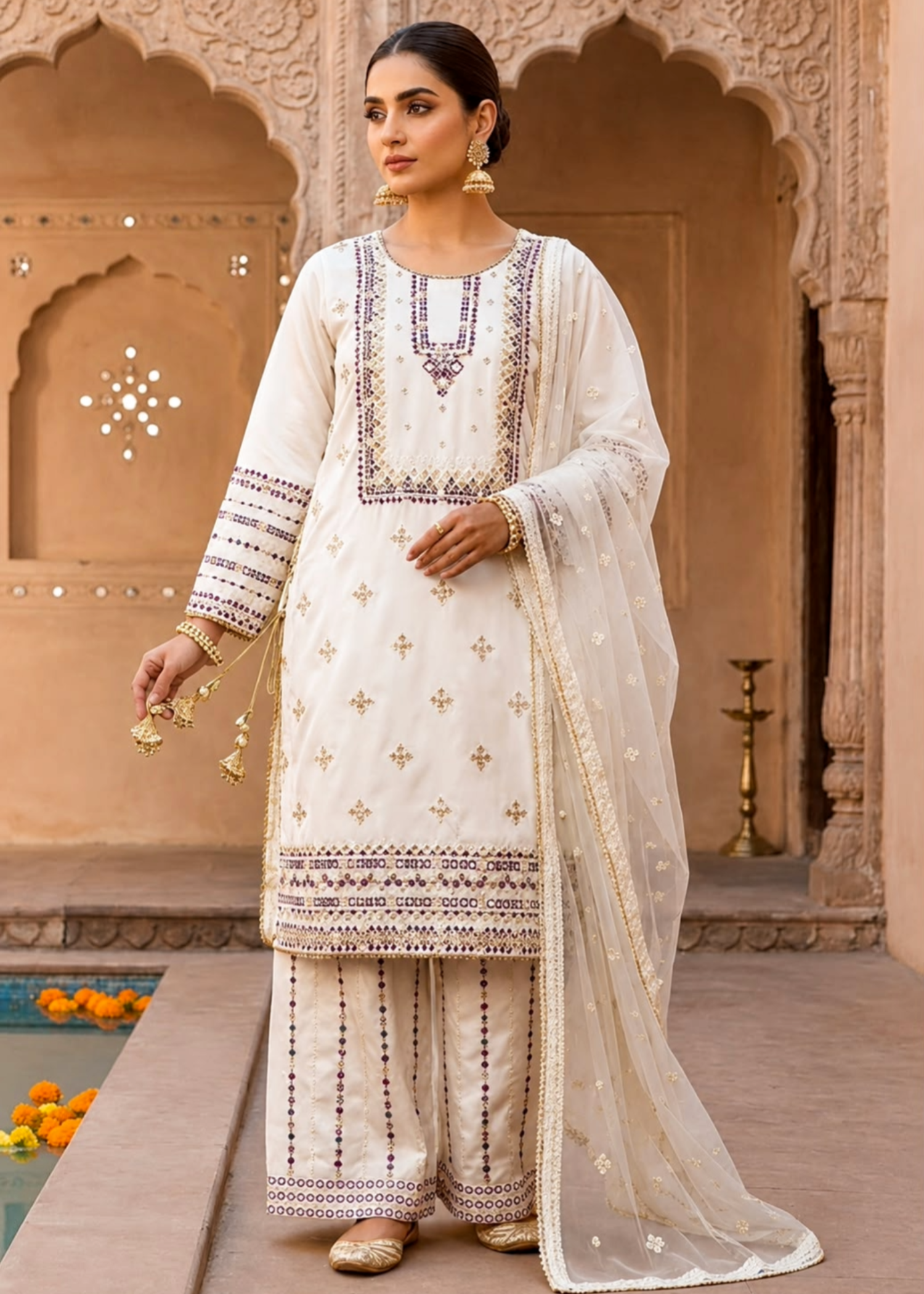 silk Kurta Set in White