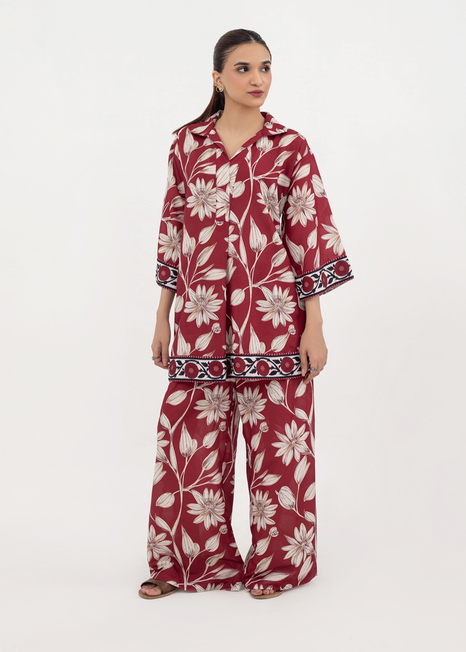 silk finish lawn Co ord Sets in Maroon