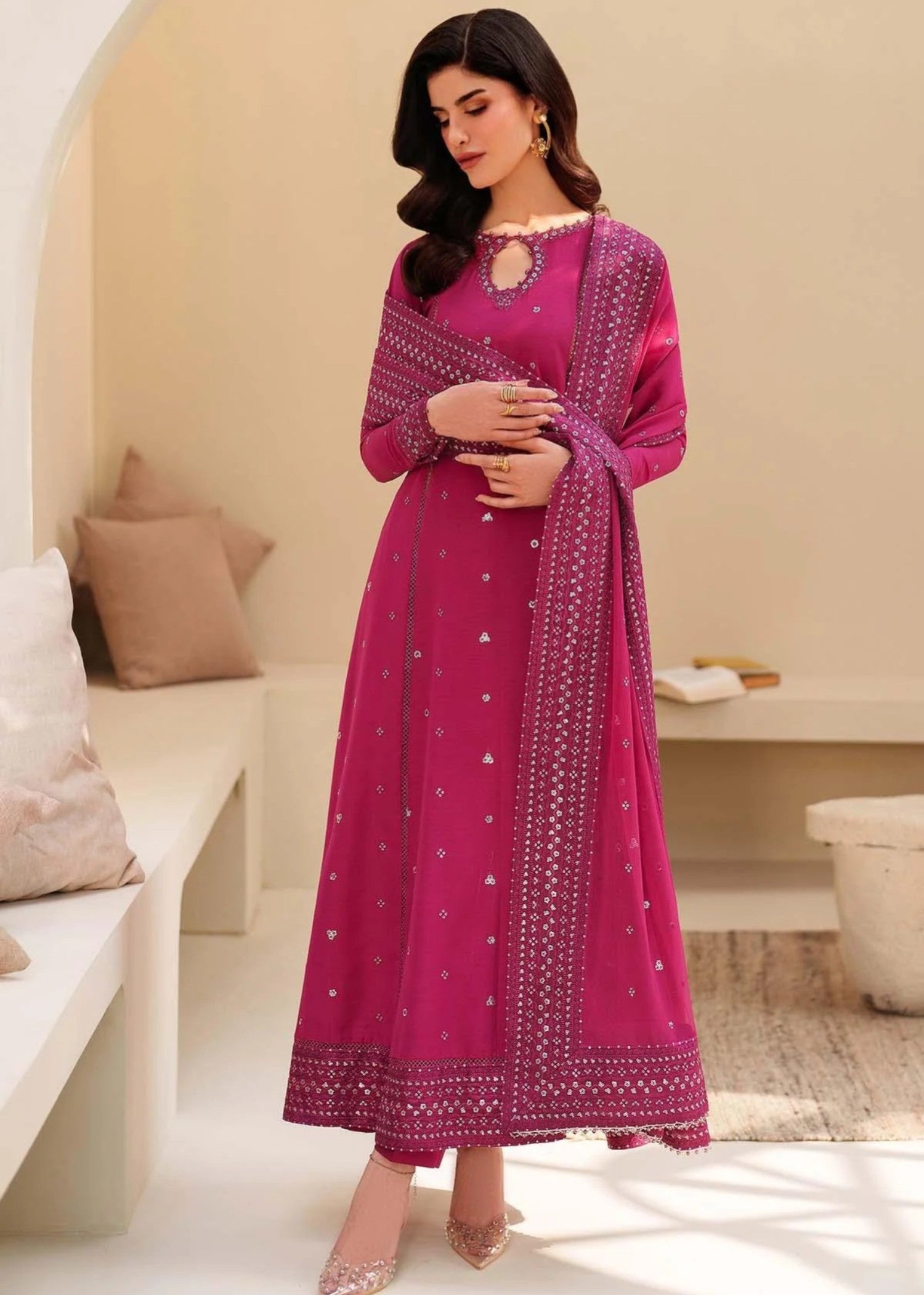 raw silk Maxi in Shocking pink