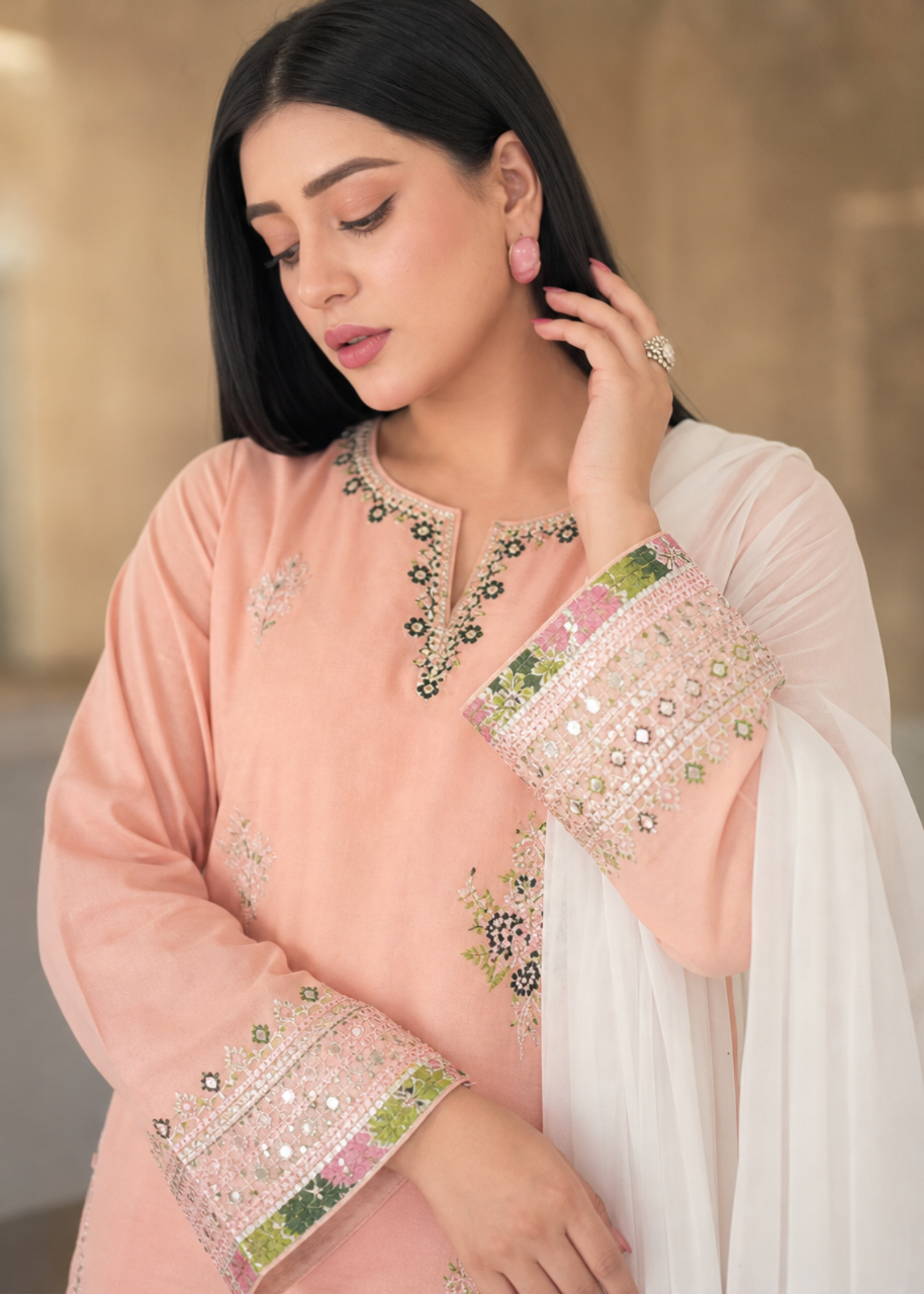 lawn cotton Kurta Set in Off-white, peach pink