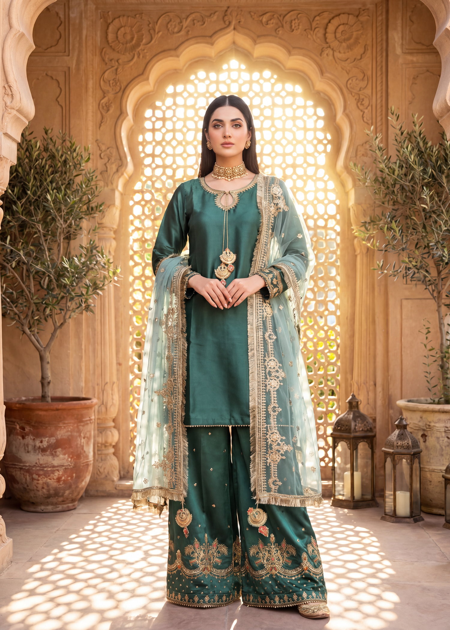 tissue silk Kurta Set in Bottle green