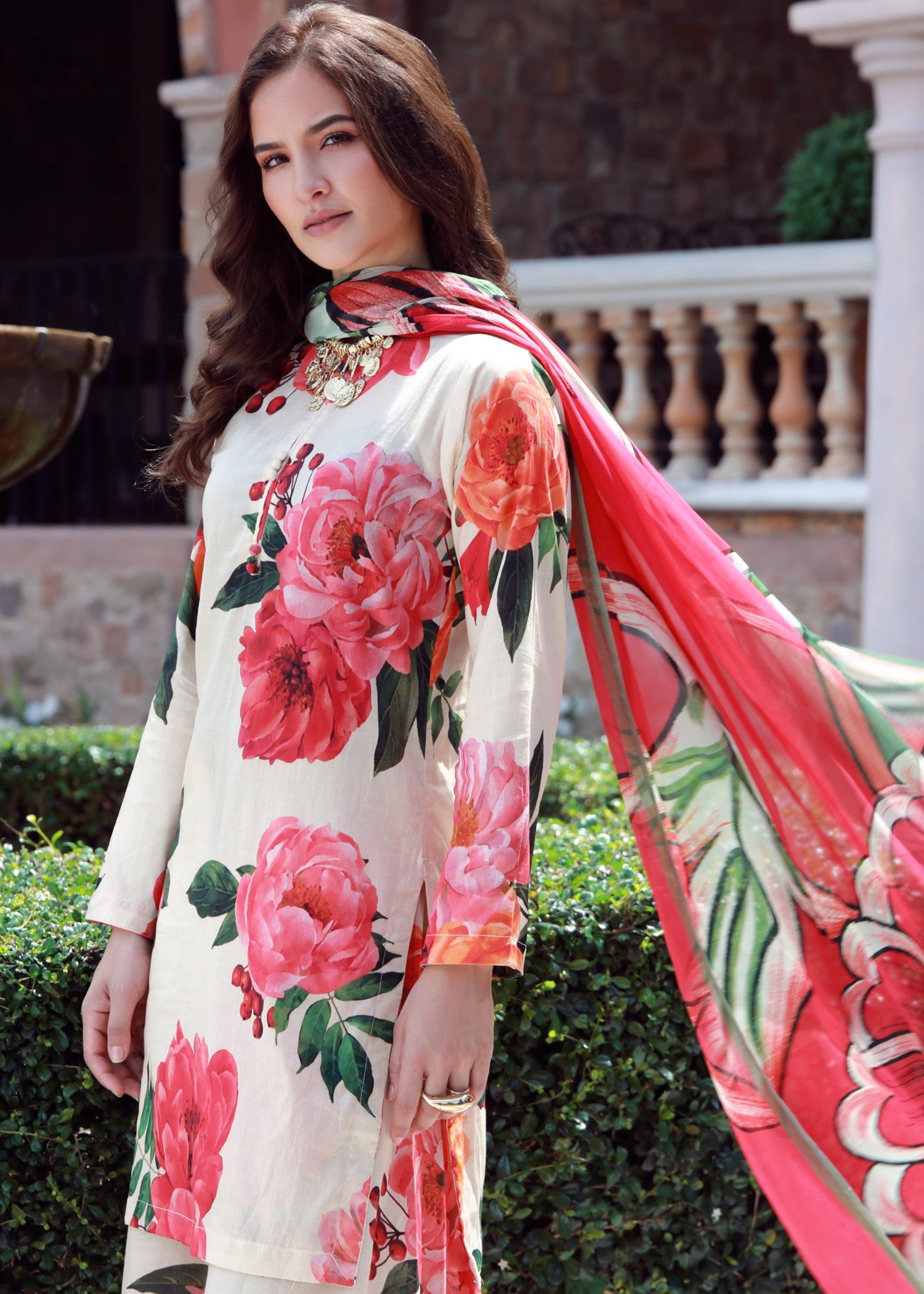 lawn Sharara in Red, white