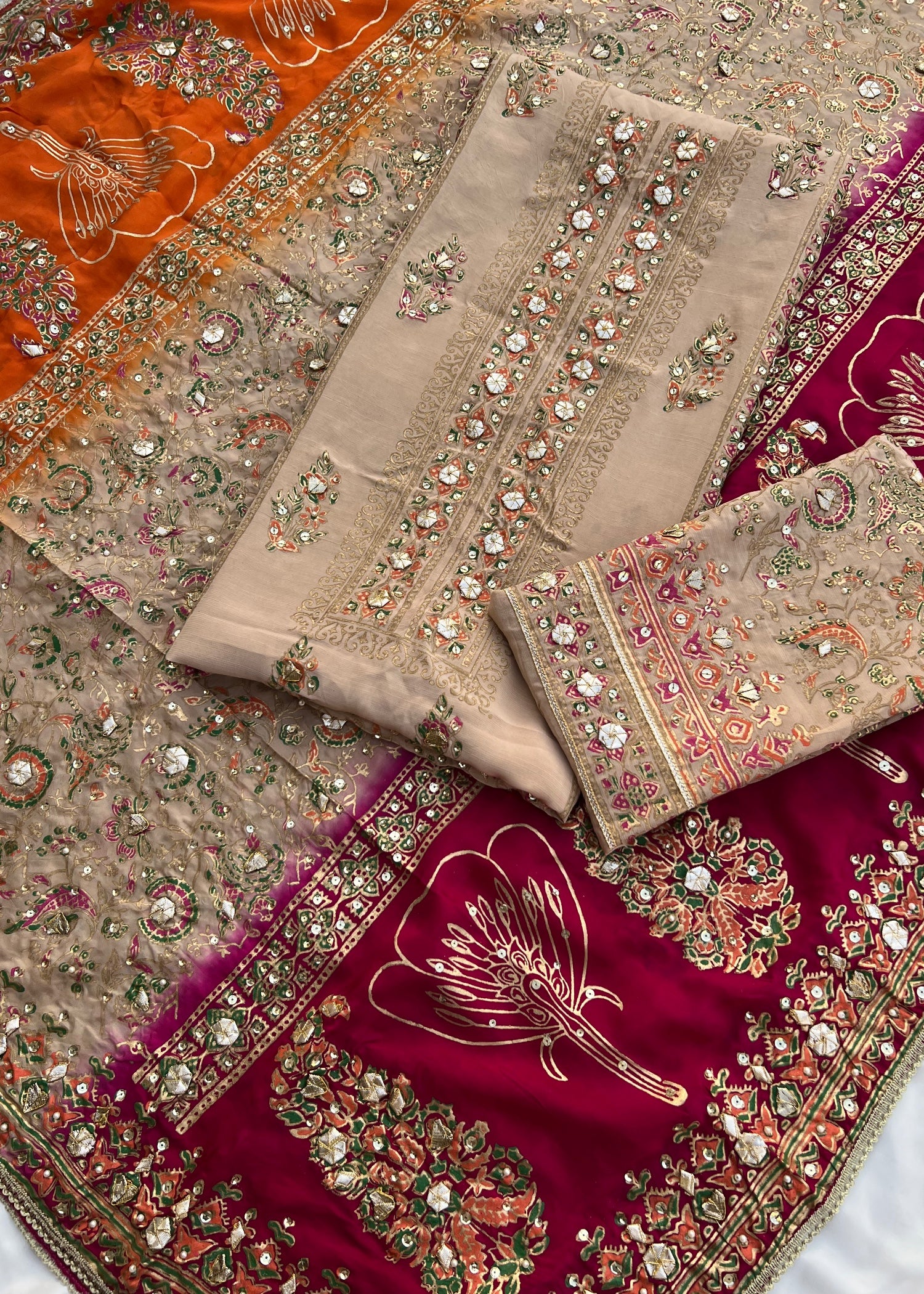 pk raw silk Unstitched in Orange, shocking pink, tan brown