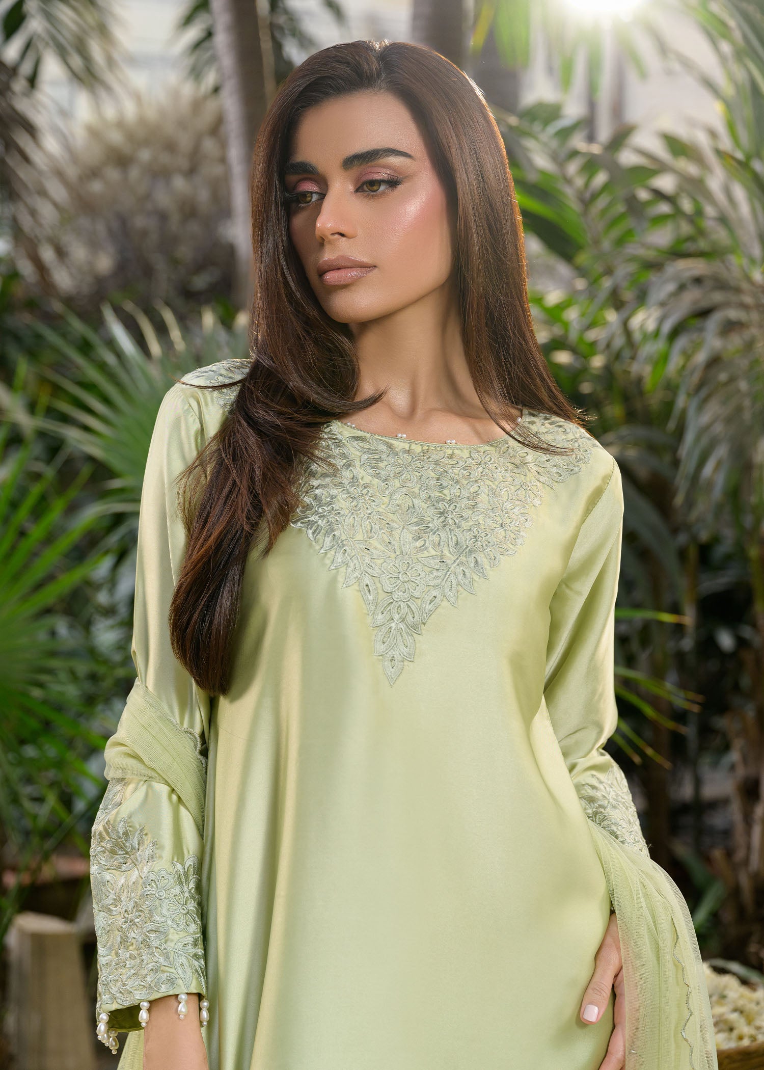 silk charmeuse Kurta Set in Sage green