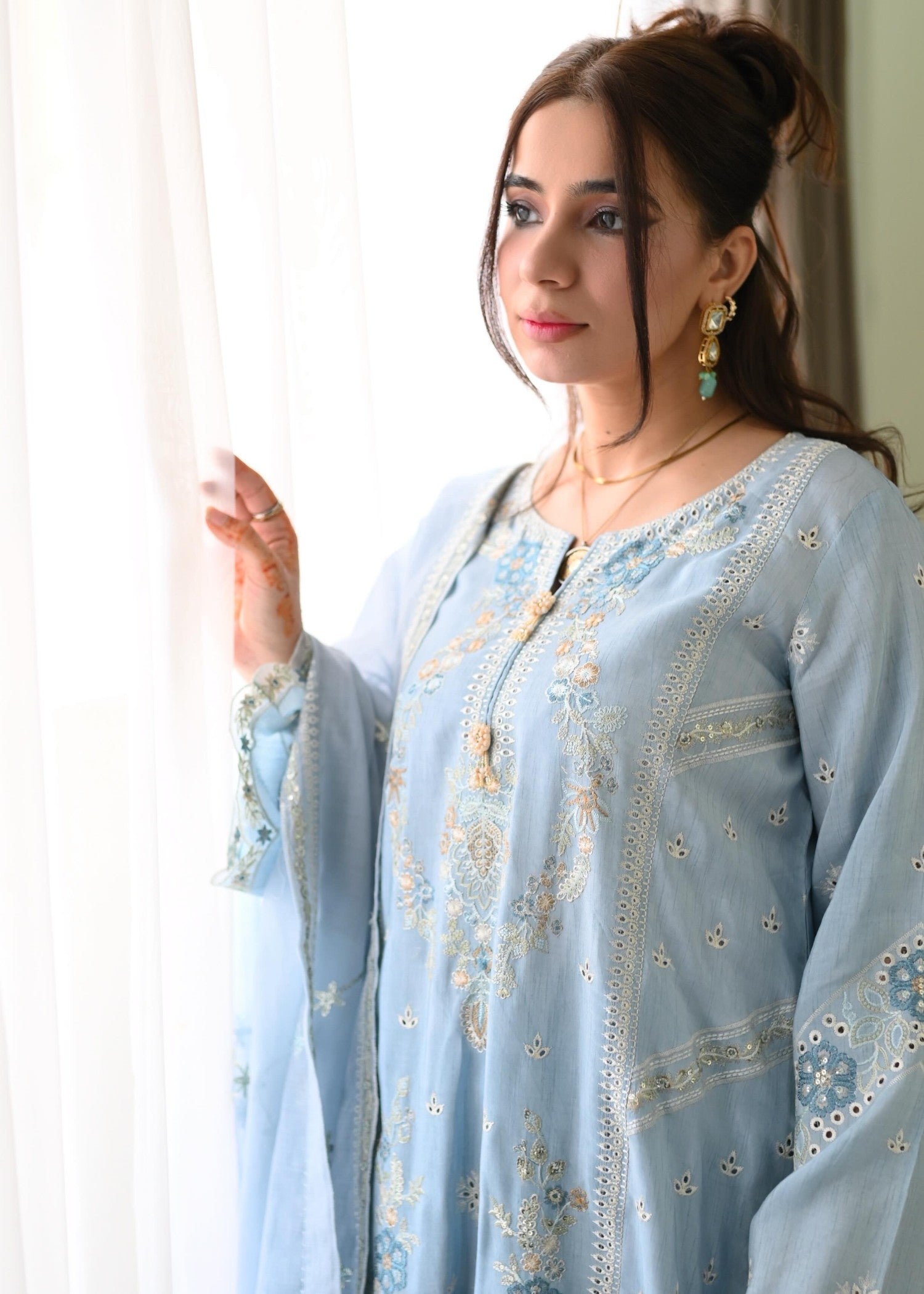korean raw silk Sharara in Powder blue