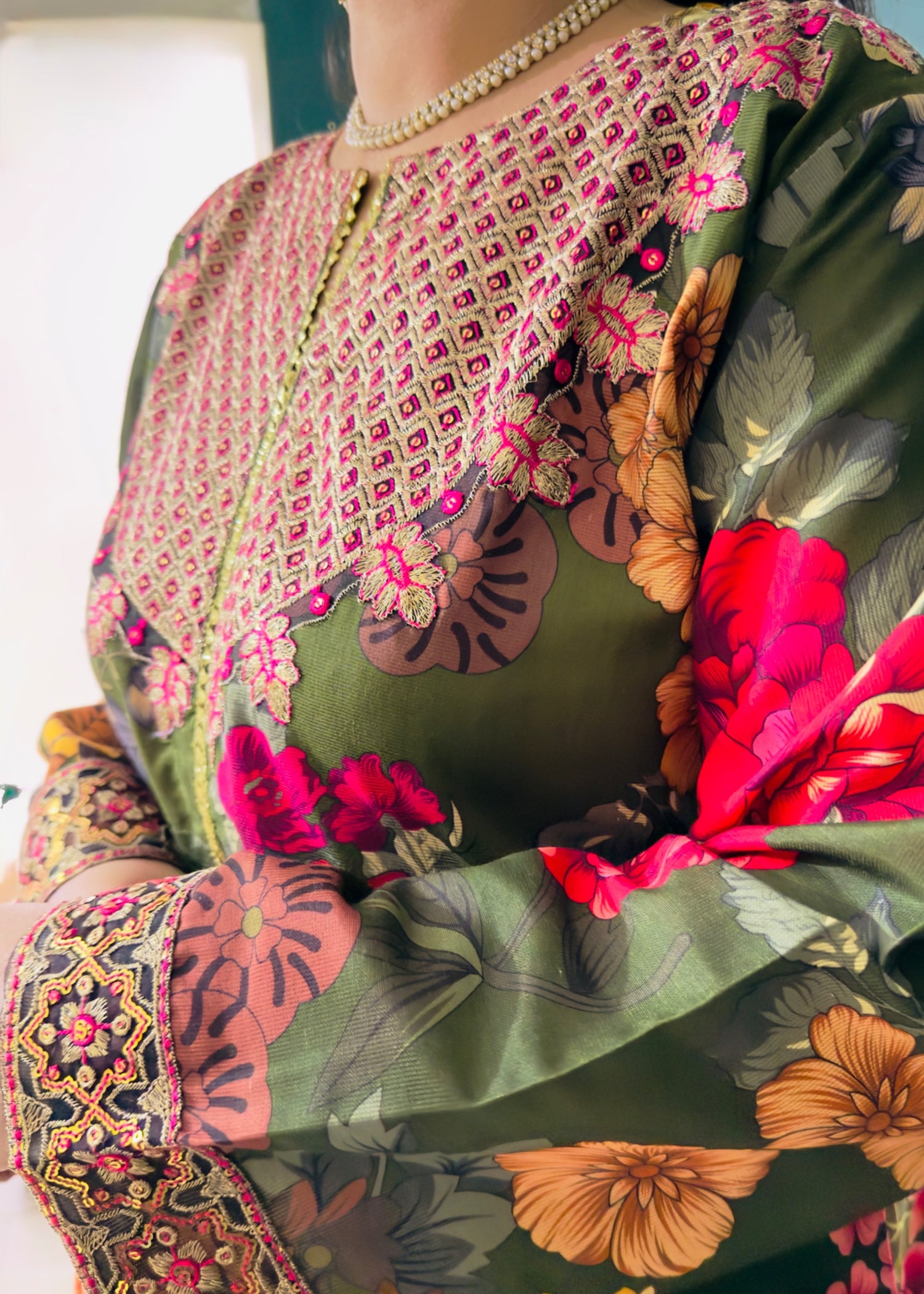 corduroy Anarkali in Bottle green