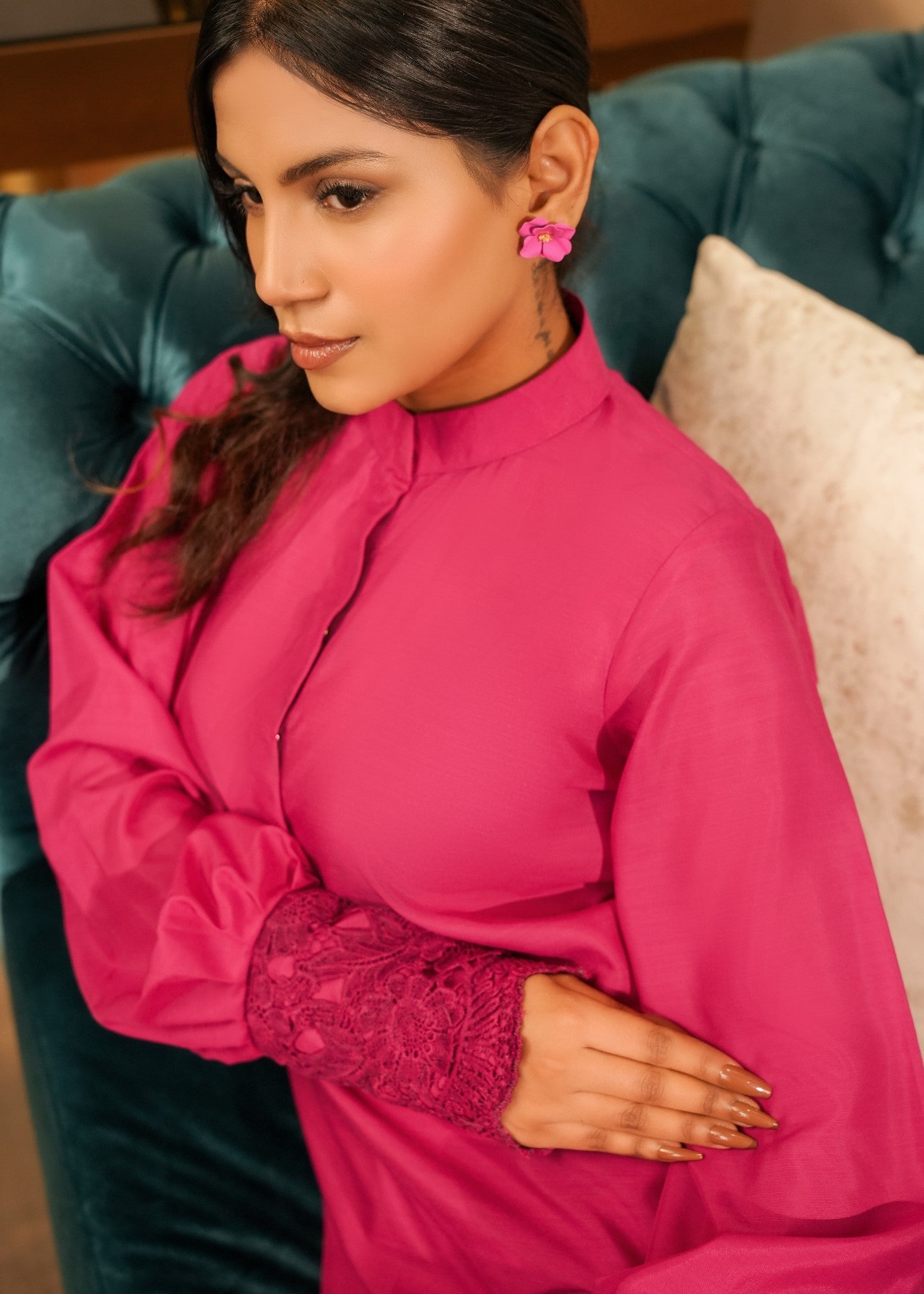 korean raw silk Kurta Set in Deep pink