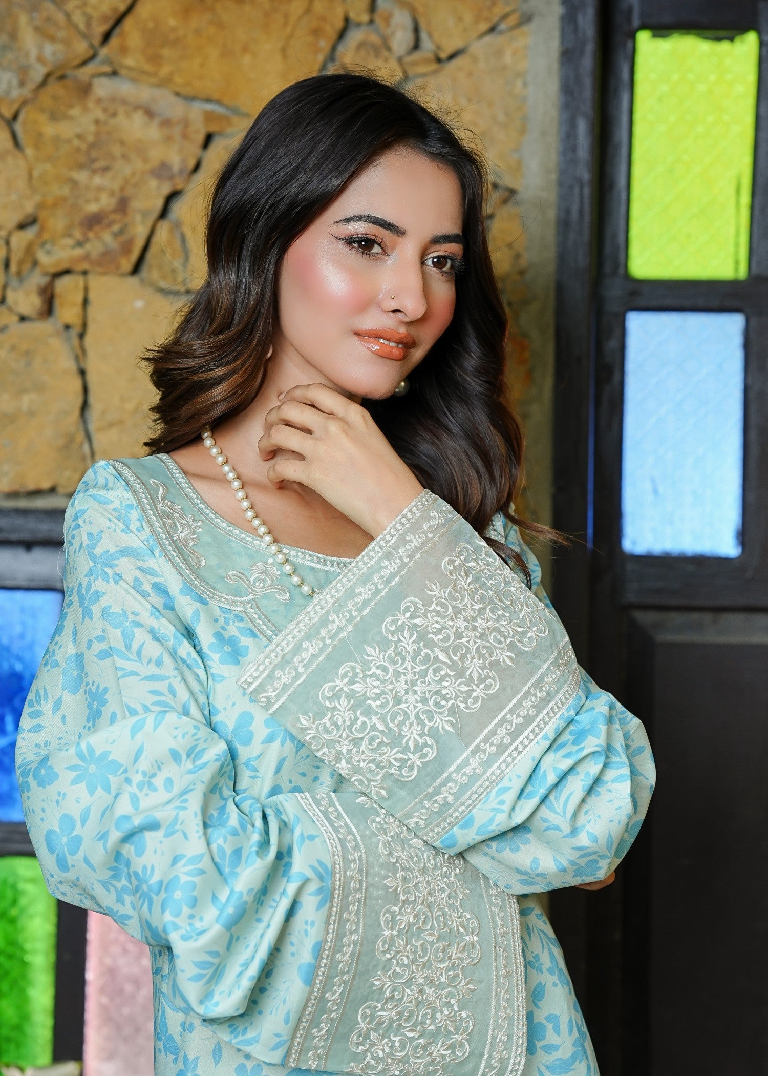 swiss lawn Kurta Set in Ice blue