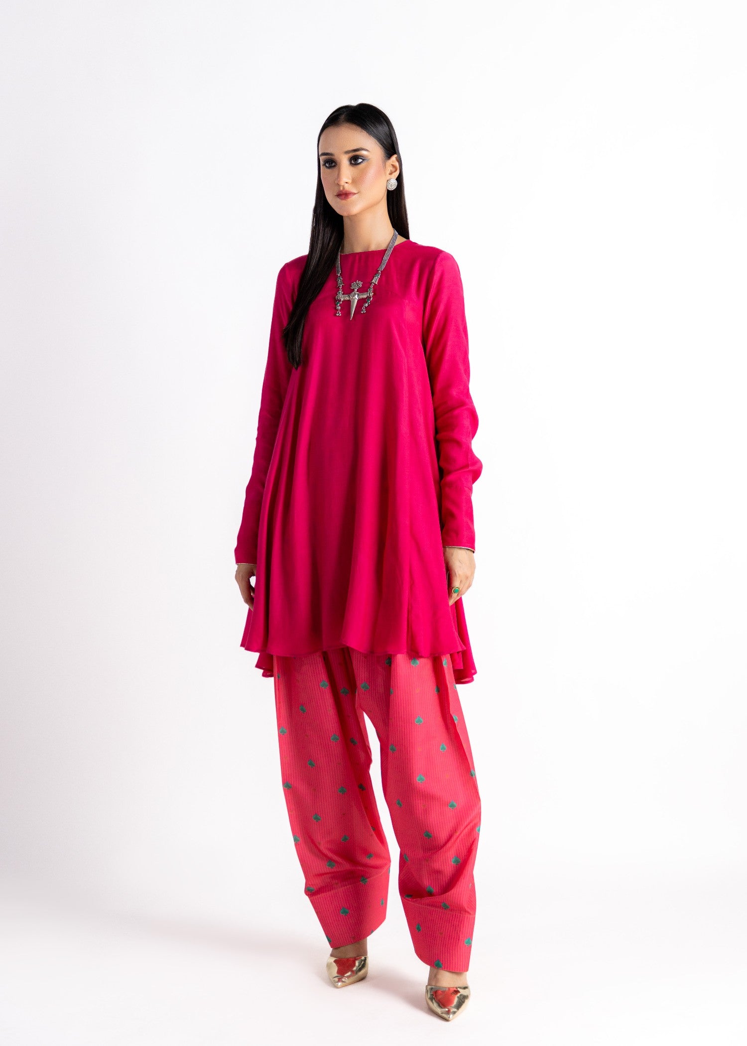 cotton silk Short Frock in Hot pink