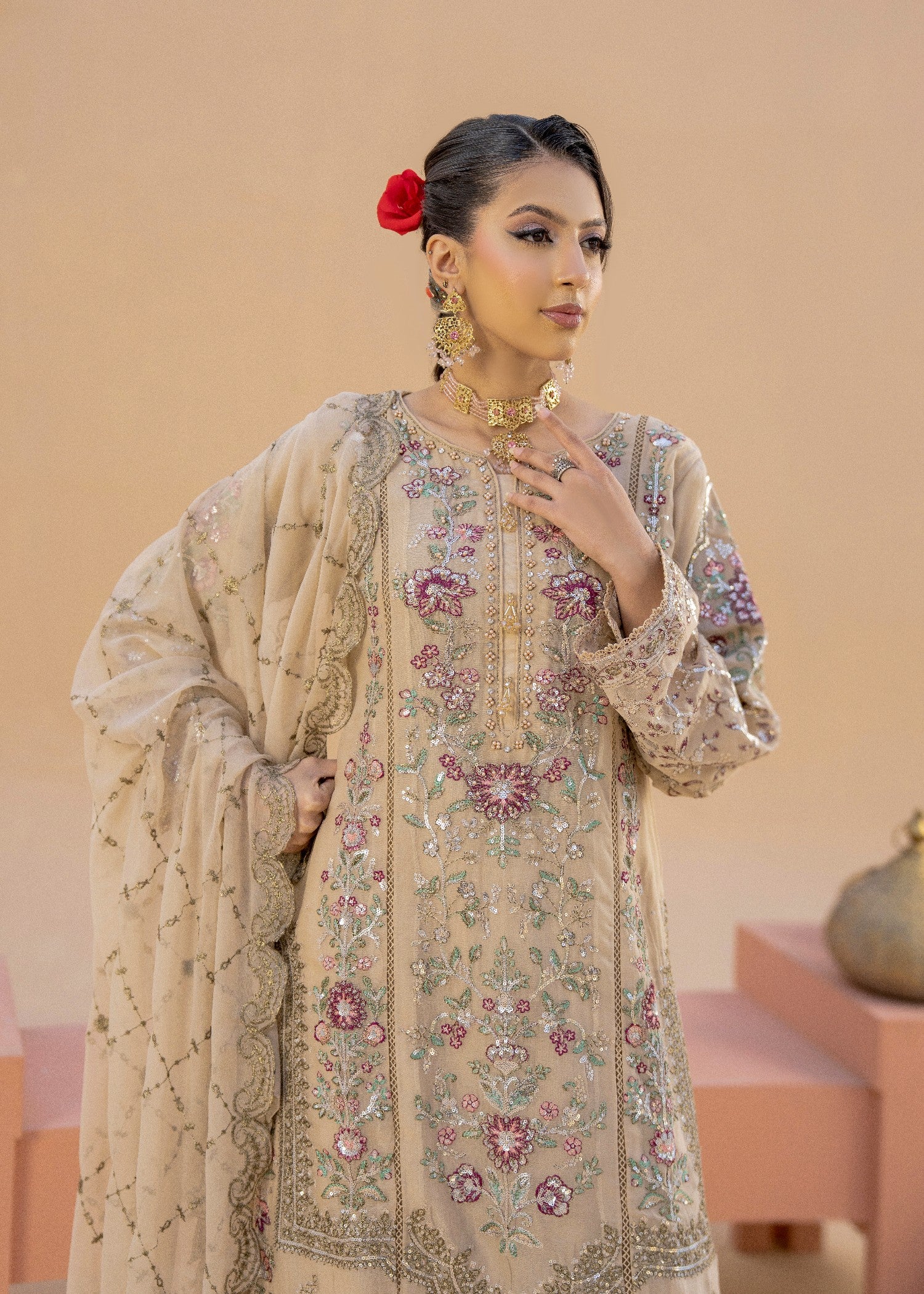 chiffon Gharara in Beige