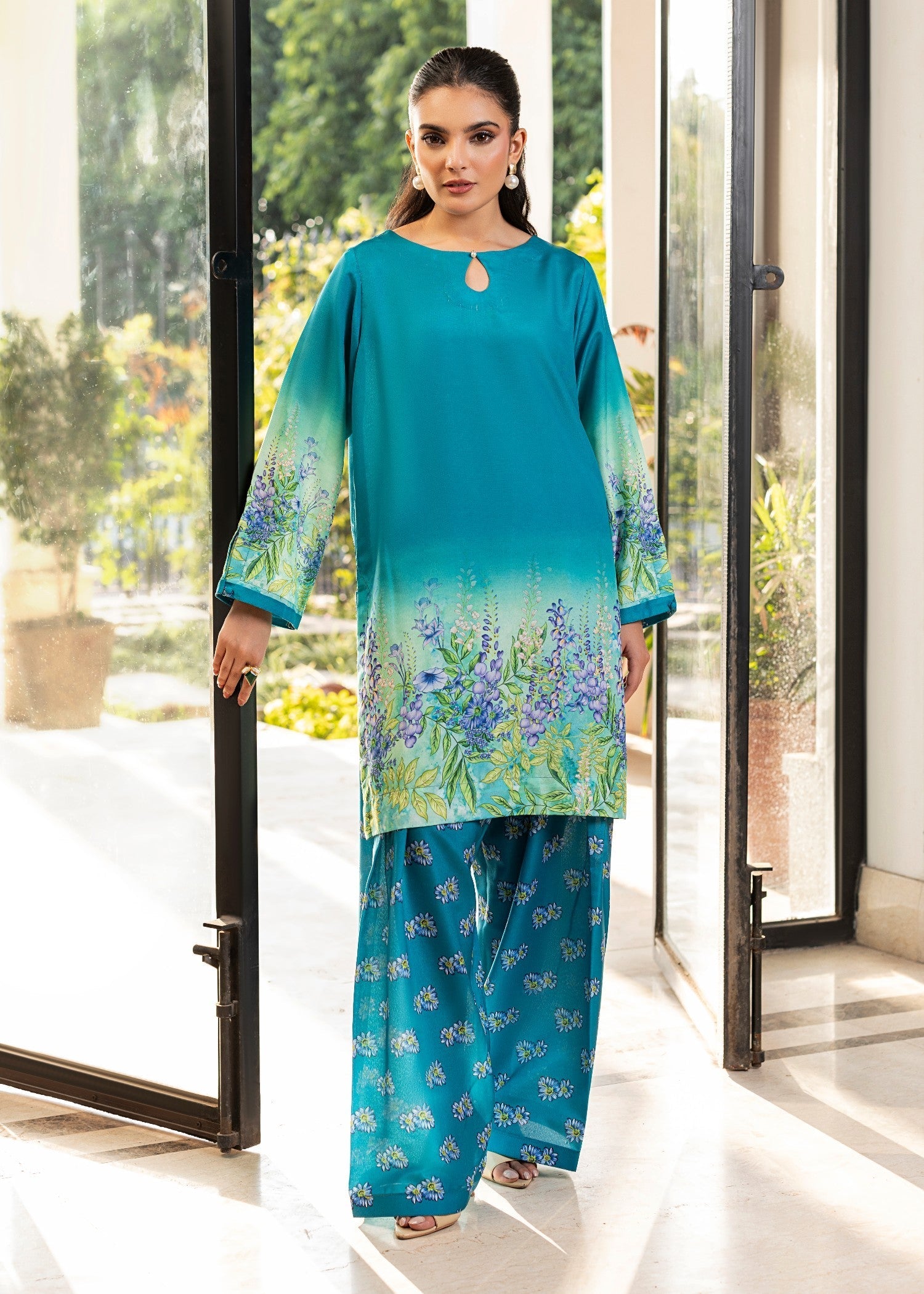 silk finish lawn Kurta Set in Steel blue
