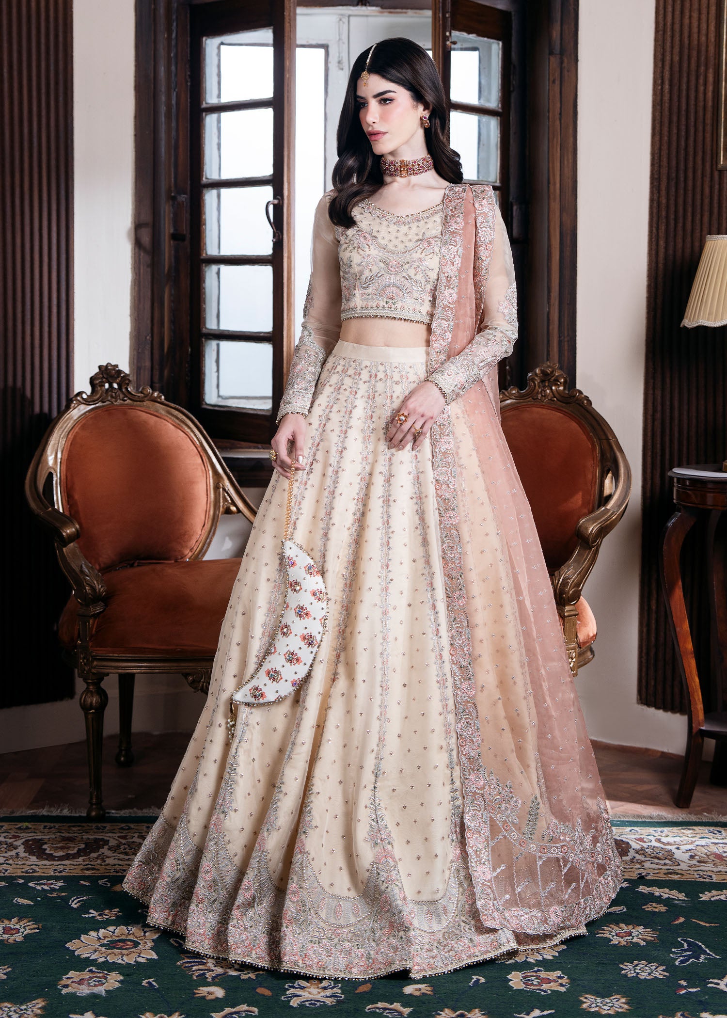 organza Lehenga in Beige