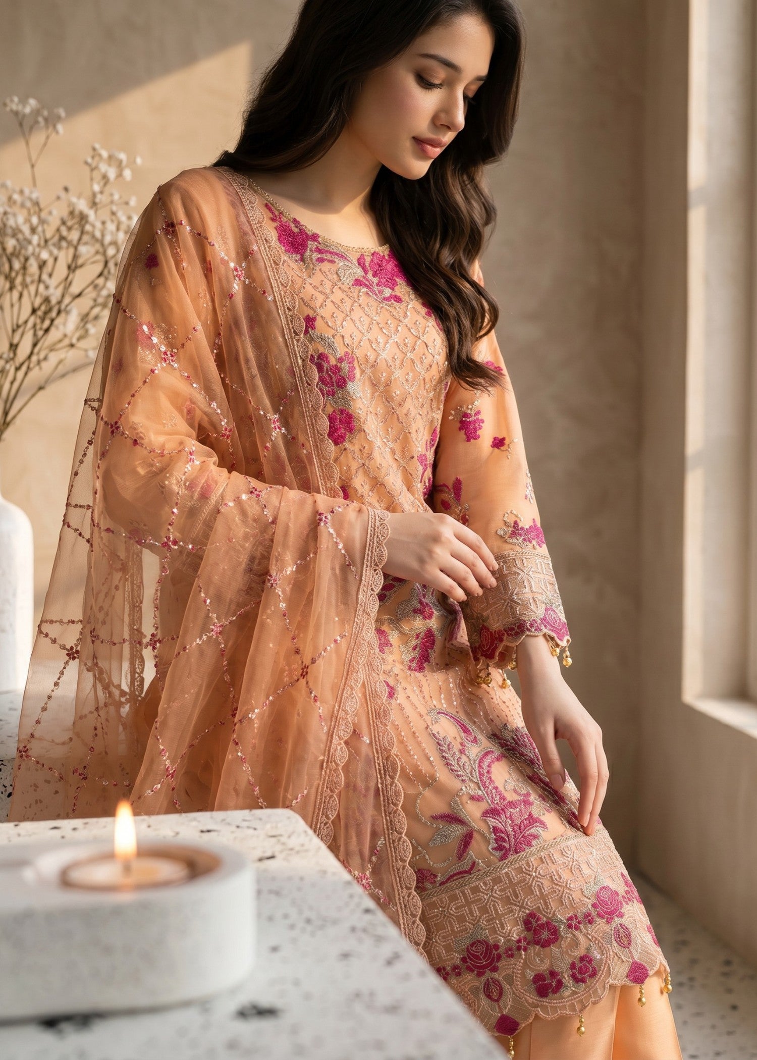 pk crinkle chiffon Kurta Set in Peach pink
