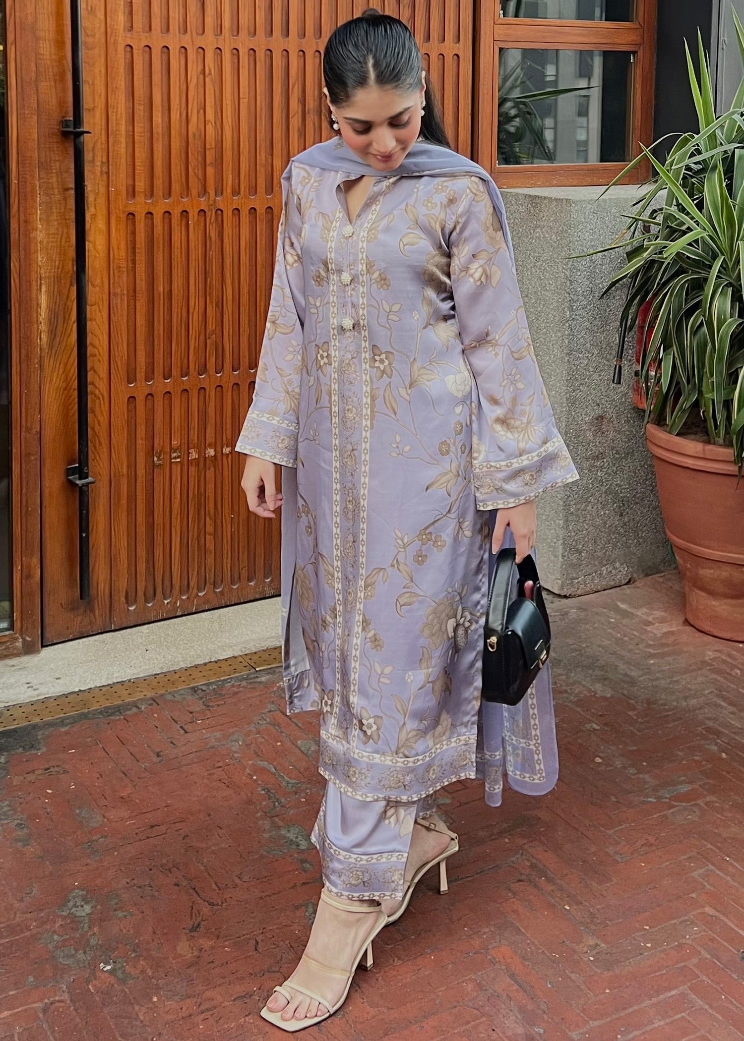 satin silk Kurta Set in Lilac