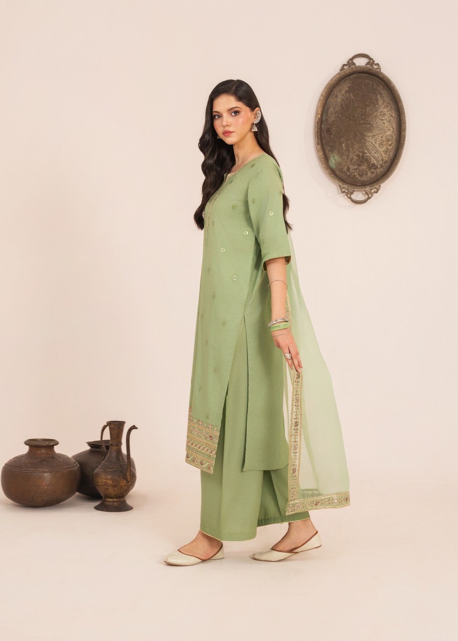 lawn Kurta Set in Pistachio green, gold