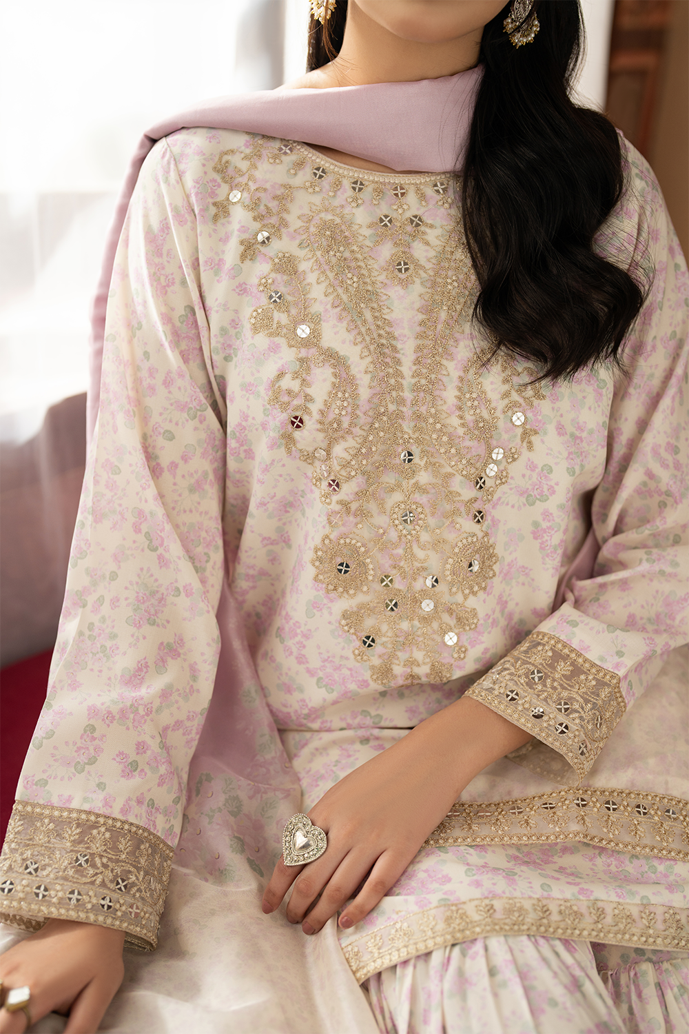 silk finish lawn Gharara in Ivory
