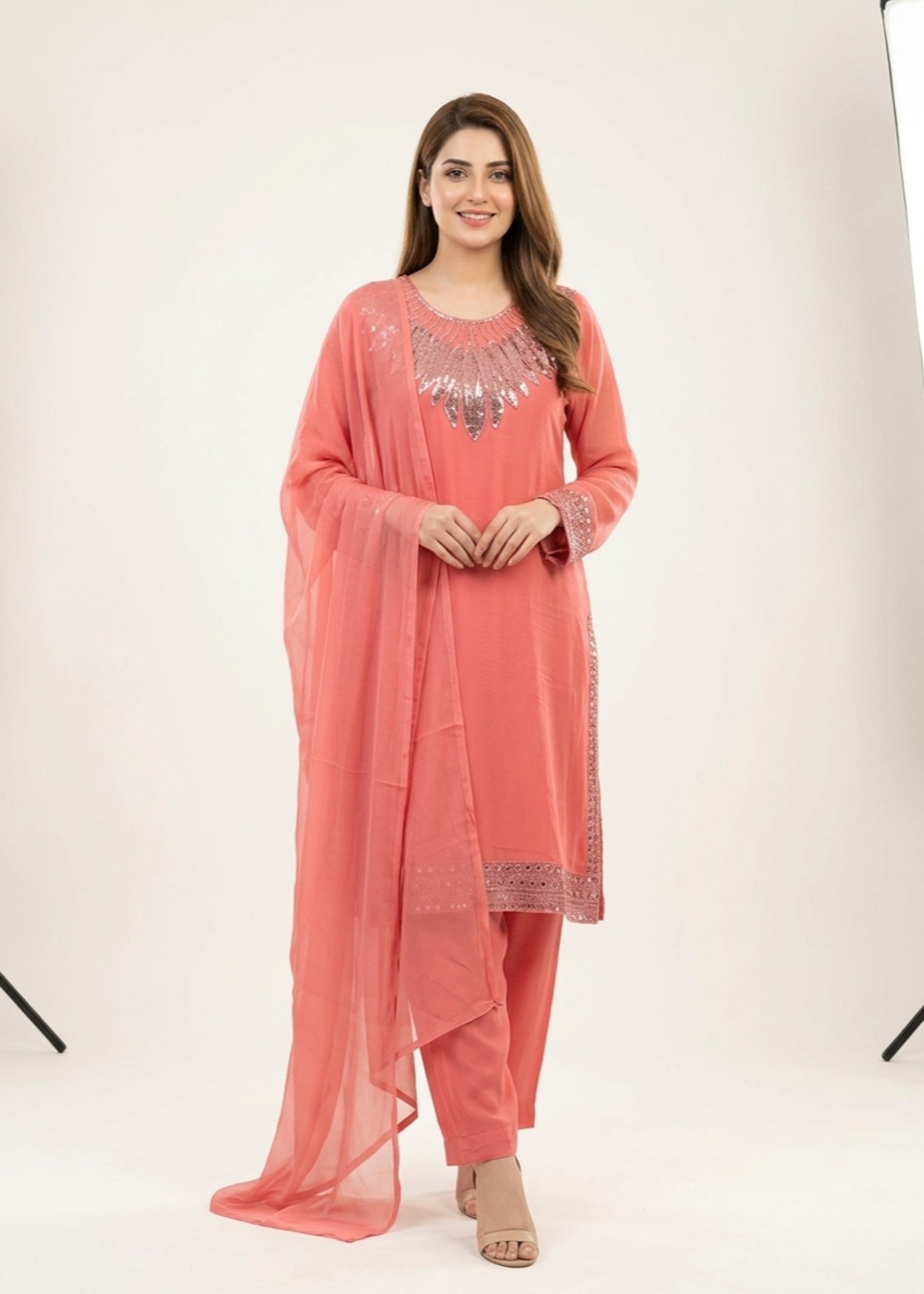 chiffon Kurta Set in Coral pink