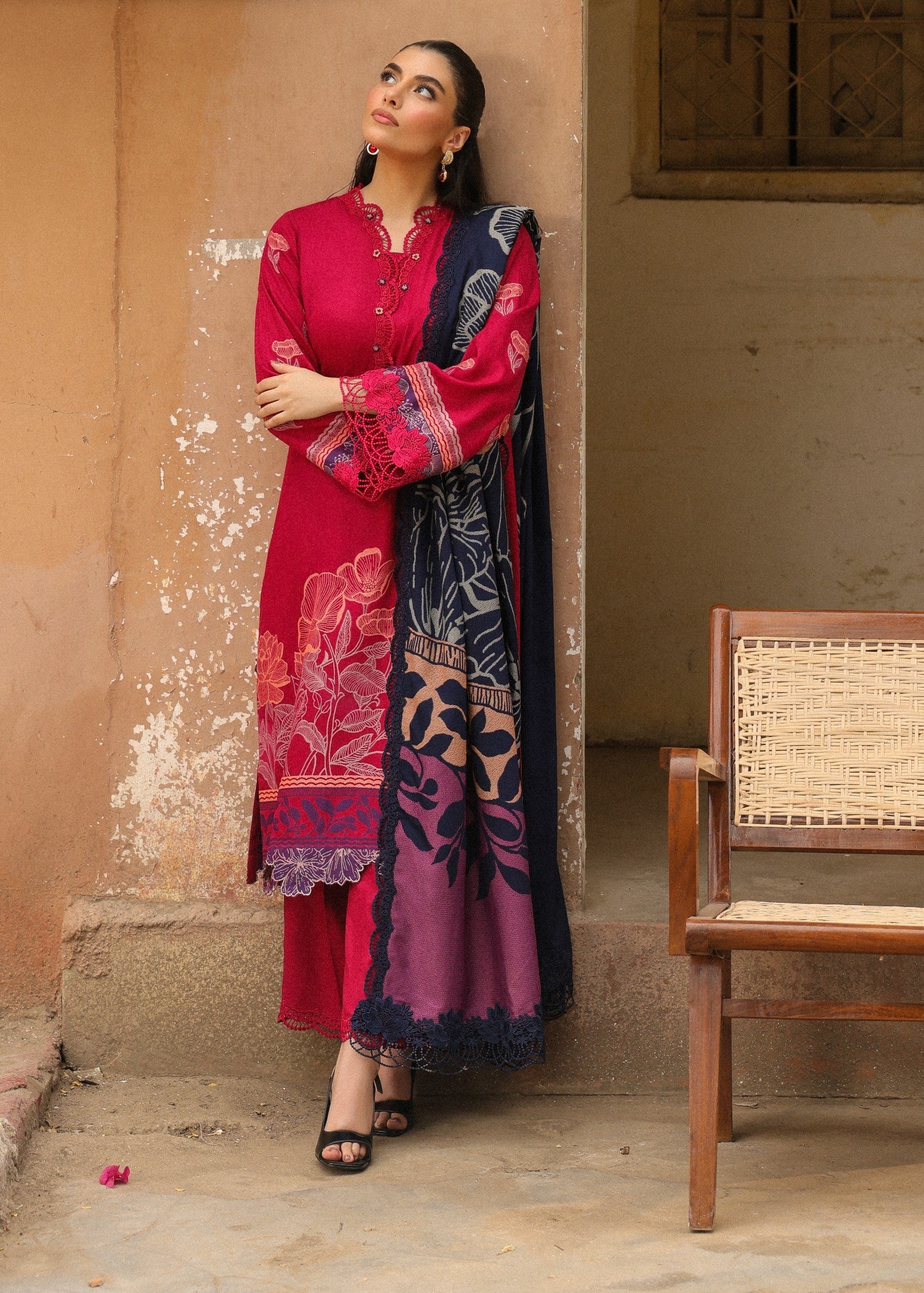 jacquard viscose Unstitched in Hot pink
