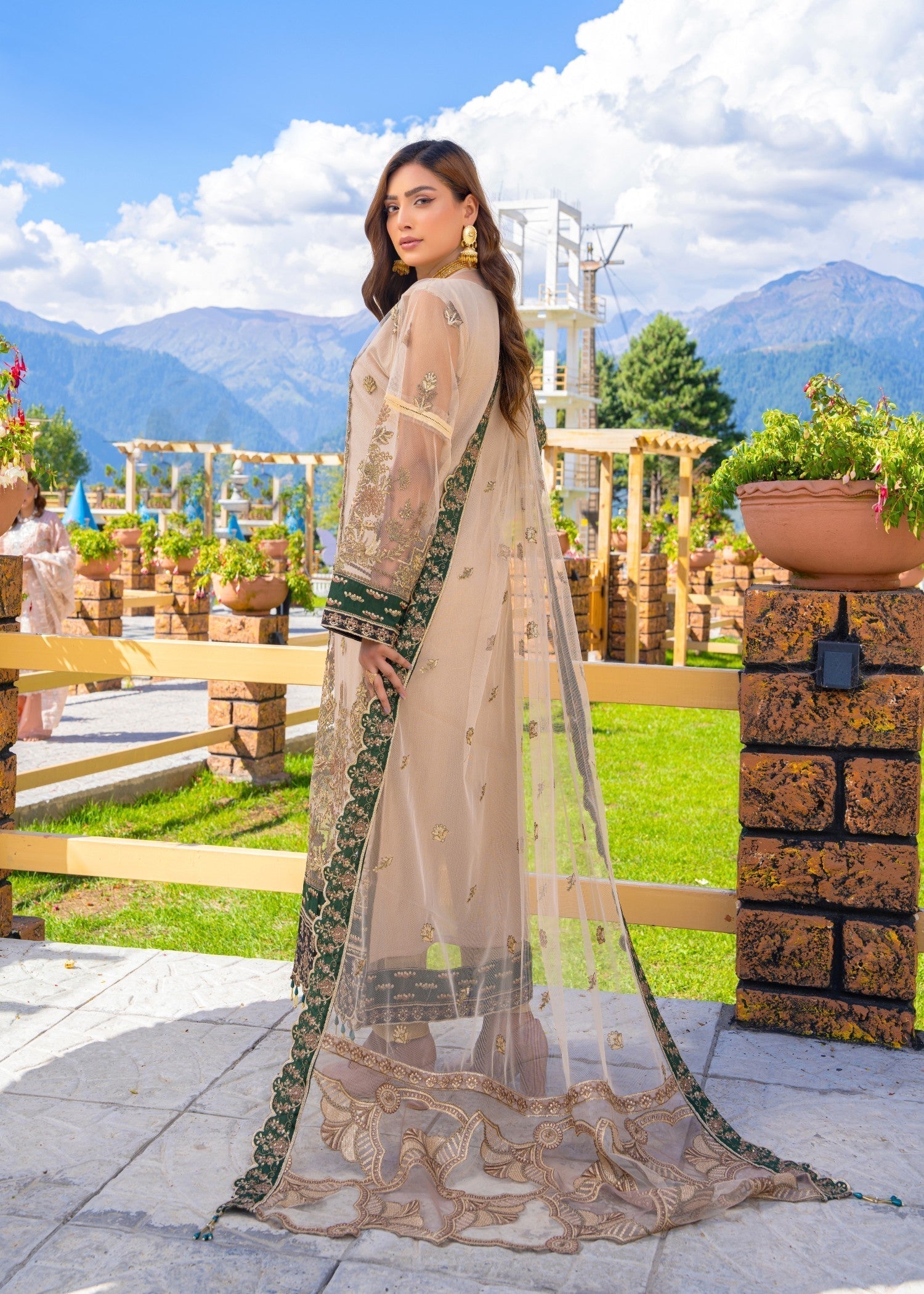 net Kurta Set in Tan brown