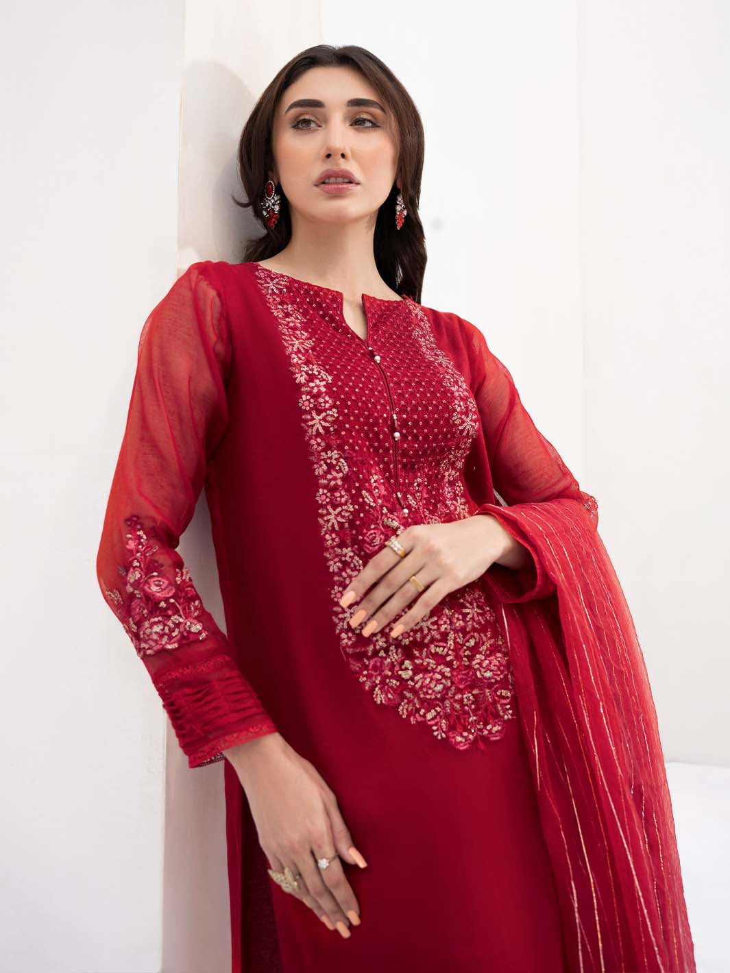 yarn dyed khaddi Kurta Set in Red