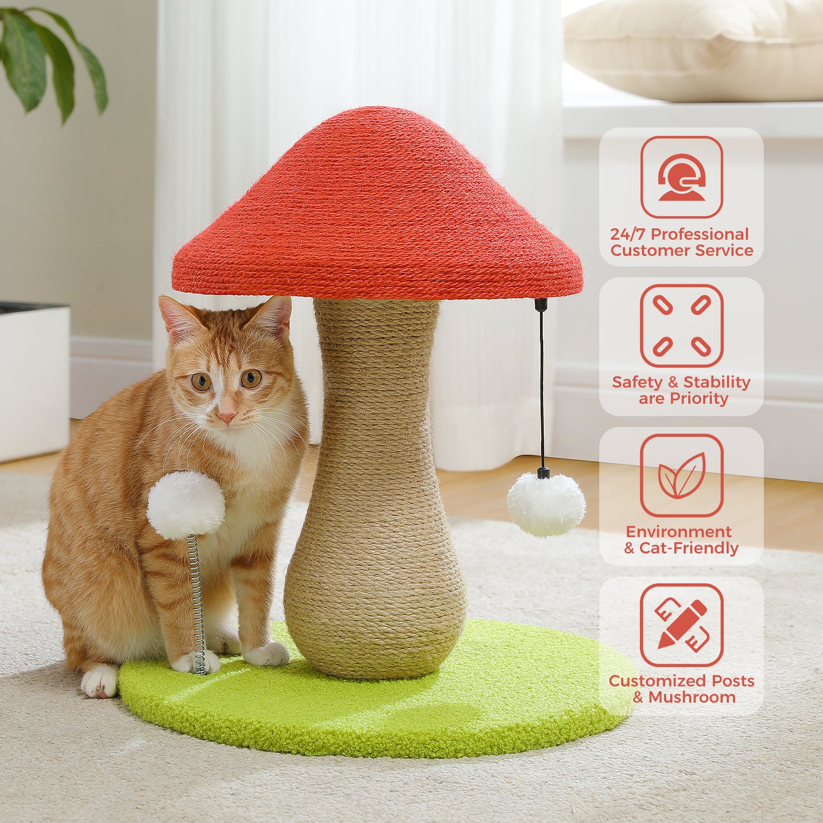 Cozy Mushroom Cat Scratching Post with Spring Ball Toy for Indoor Cats