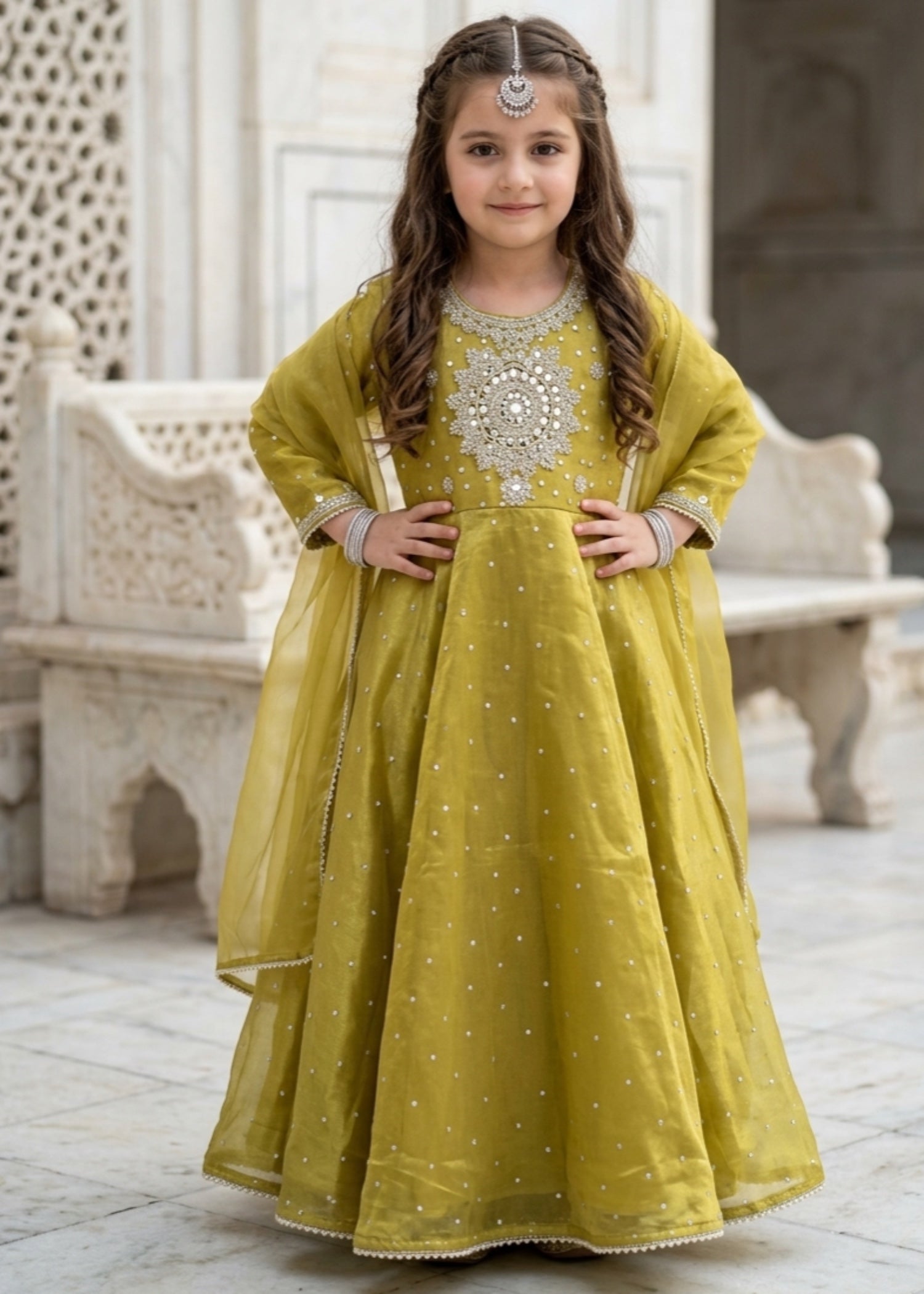 silk Pishwas in Olive green