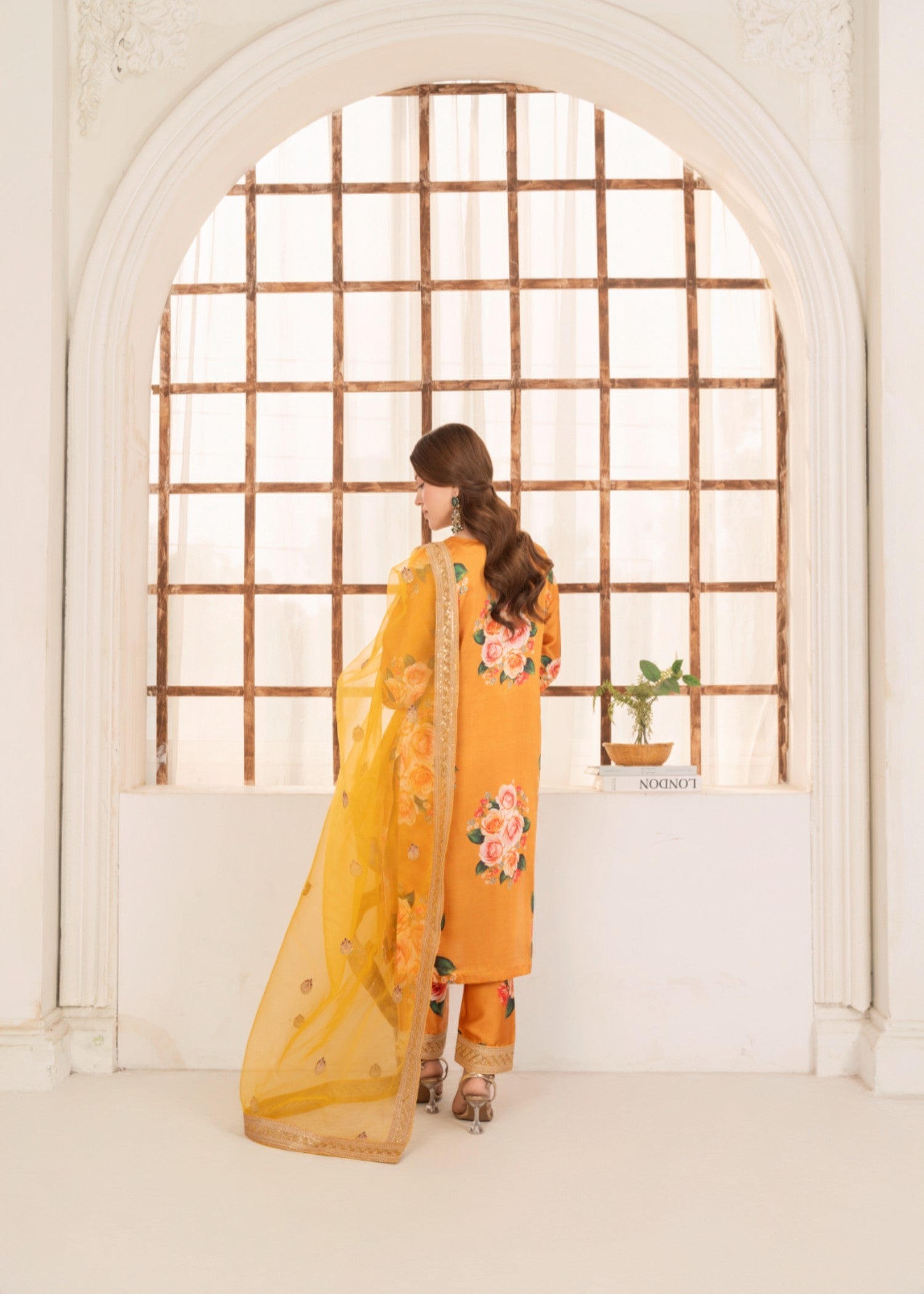 silk charmeuse Kurta Set in Yellow-orange