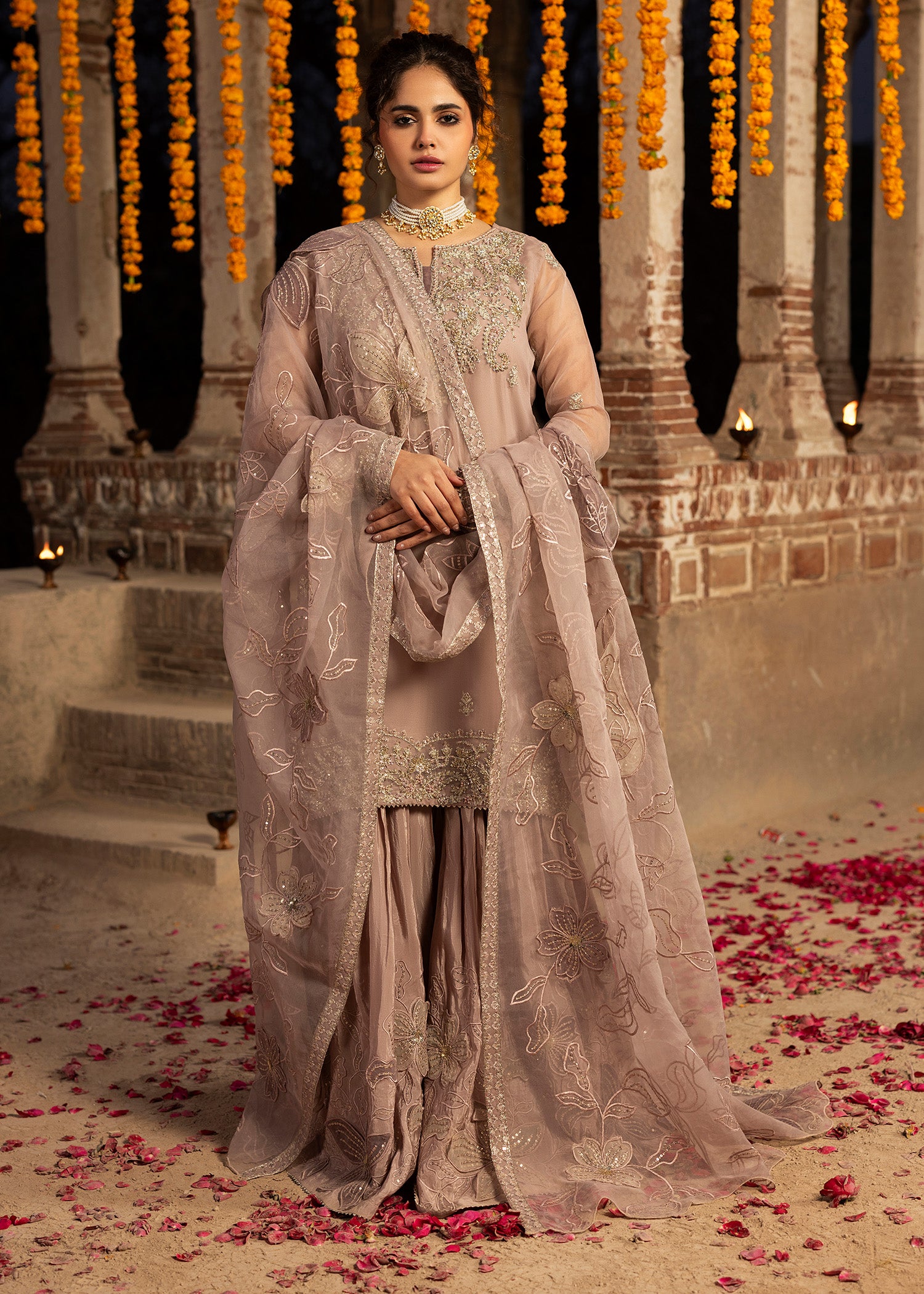 organza Gharara in Tea rose pink
